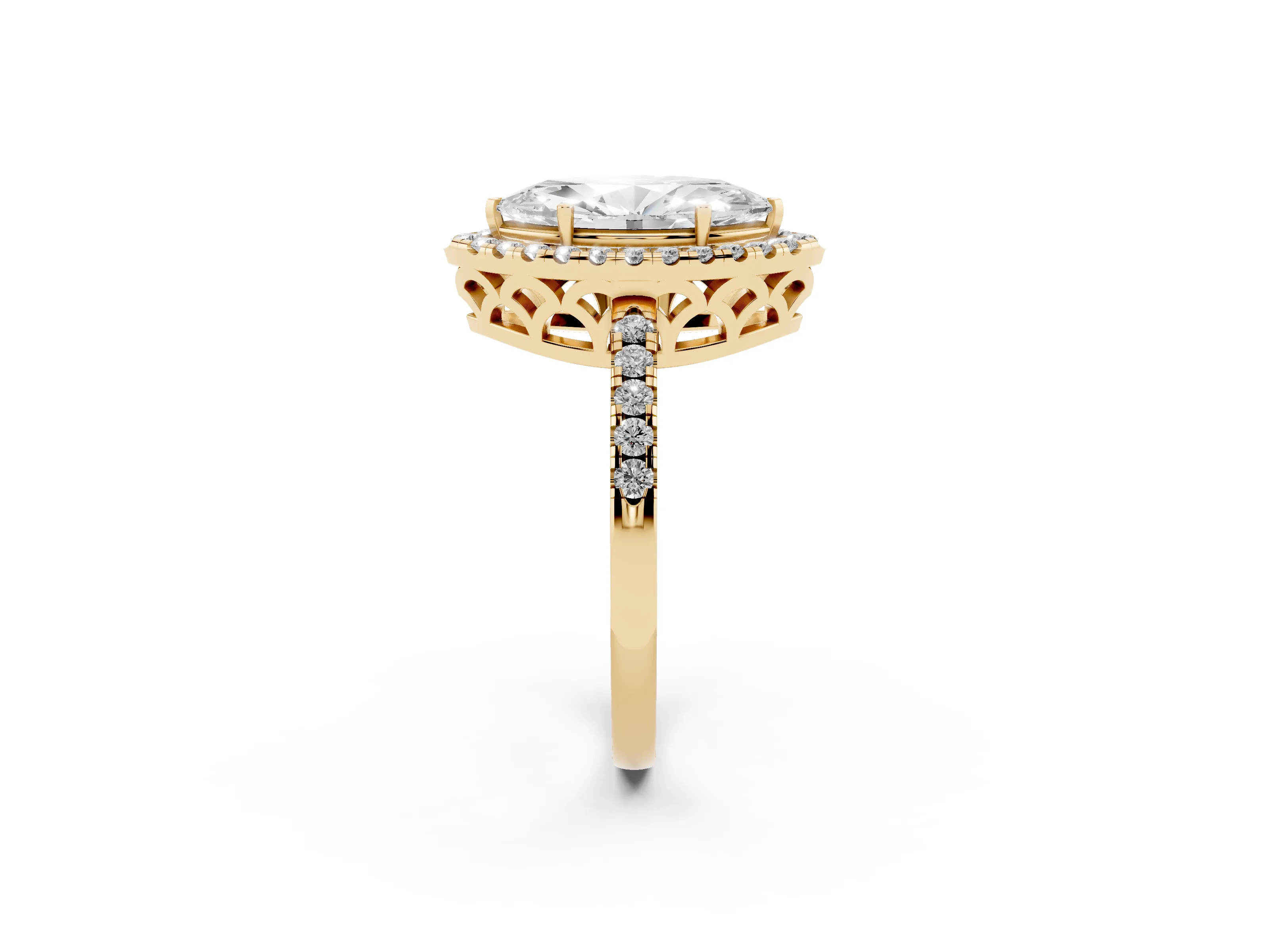 Marquise Cut Diamond Pavé Band Halo Engagement Ring Set in Yellow gold with Prong Setting