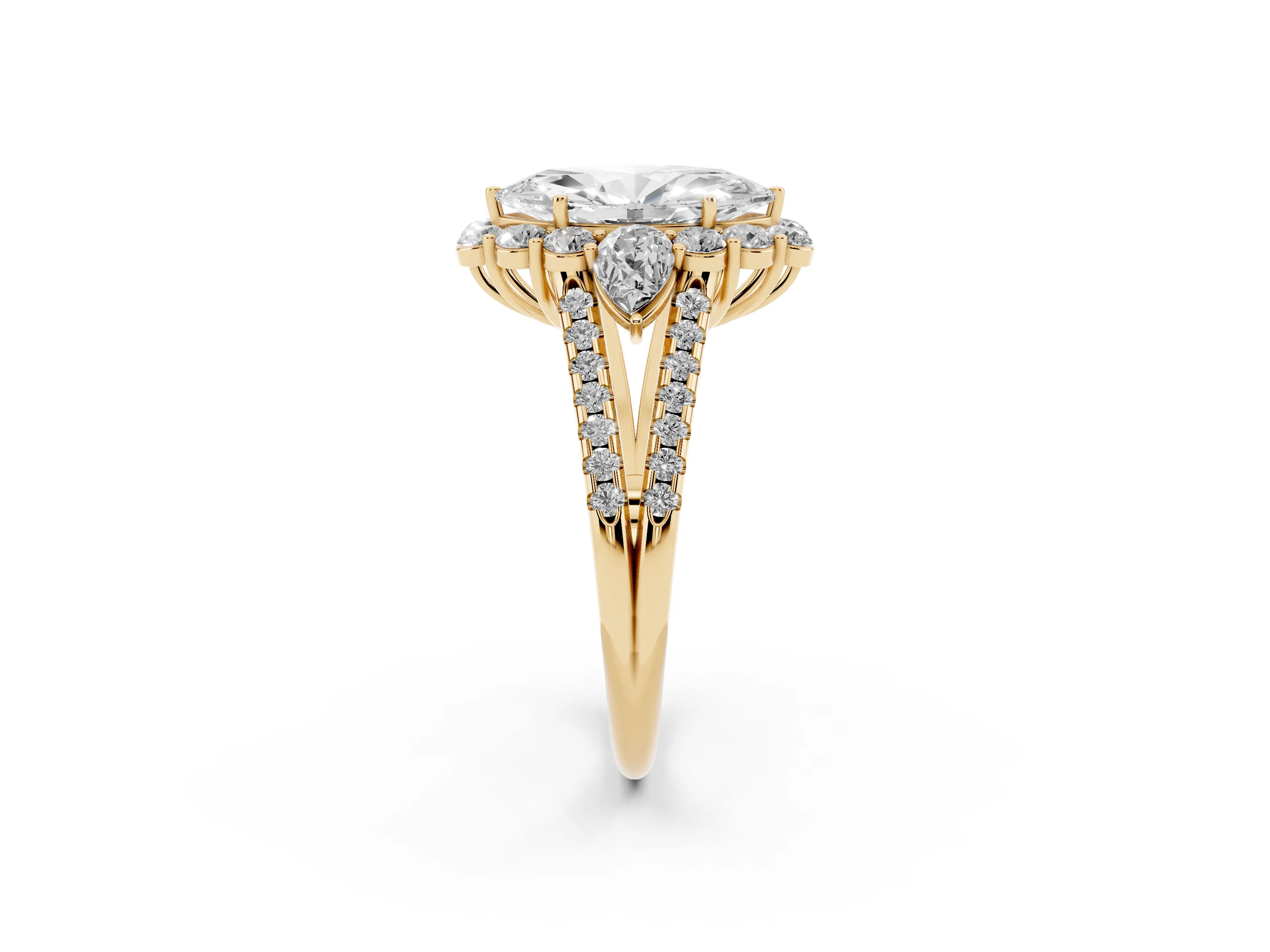 Marquise Cut Diamond Halo Split Shank Engagement Ring Set in Yellow gold with Prong-Held Center Stone