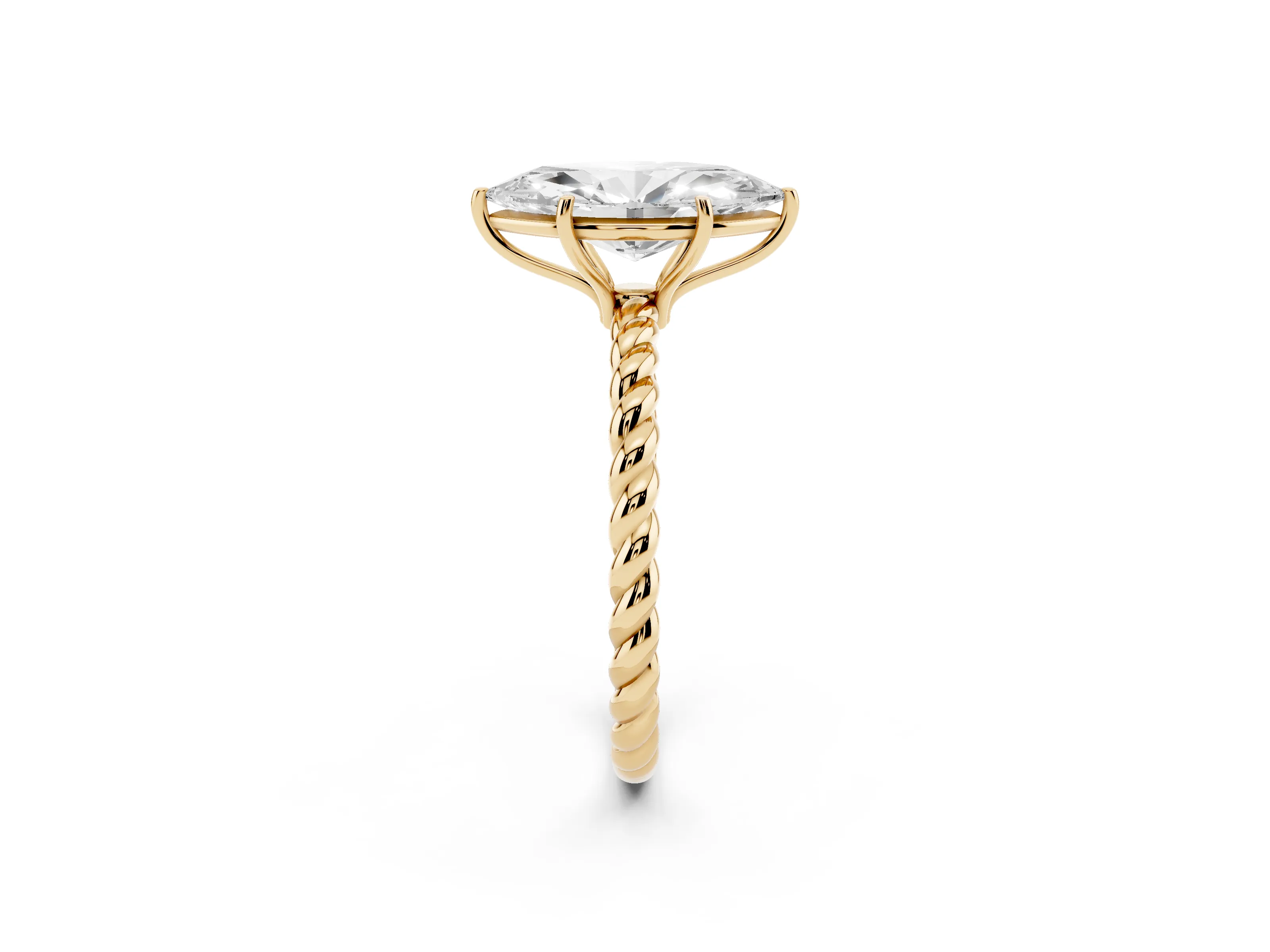 Marquise Cut Diamond Solitaire Ring Set in Yellow gold with Twist Band and Prong Setting