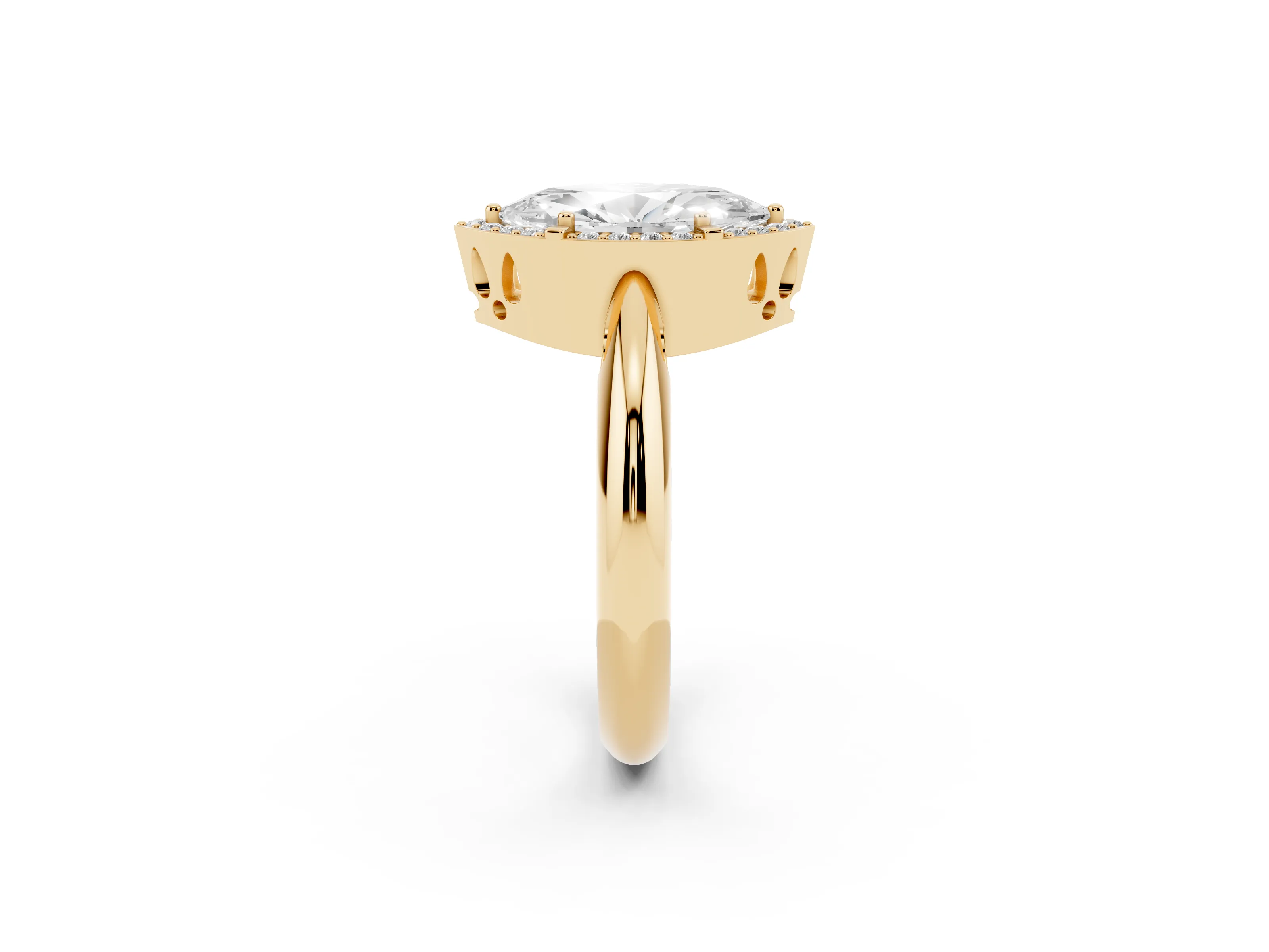 Marquise Cut Diamond Halo Engagement Ring Set in Yellow gold with Plain Split Shank and Prong Setting