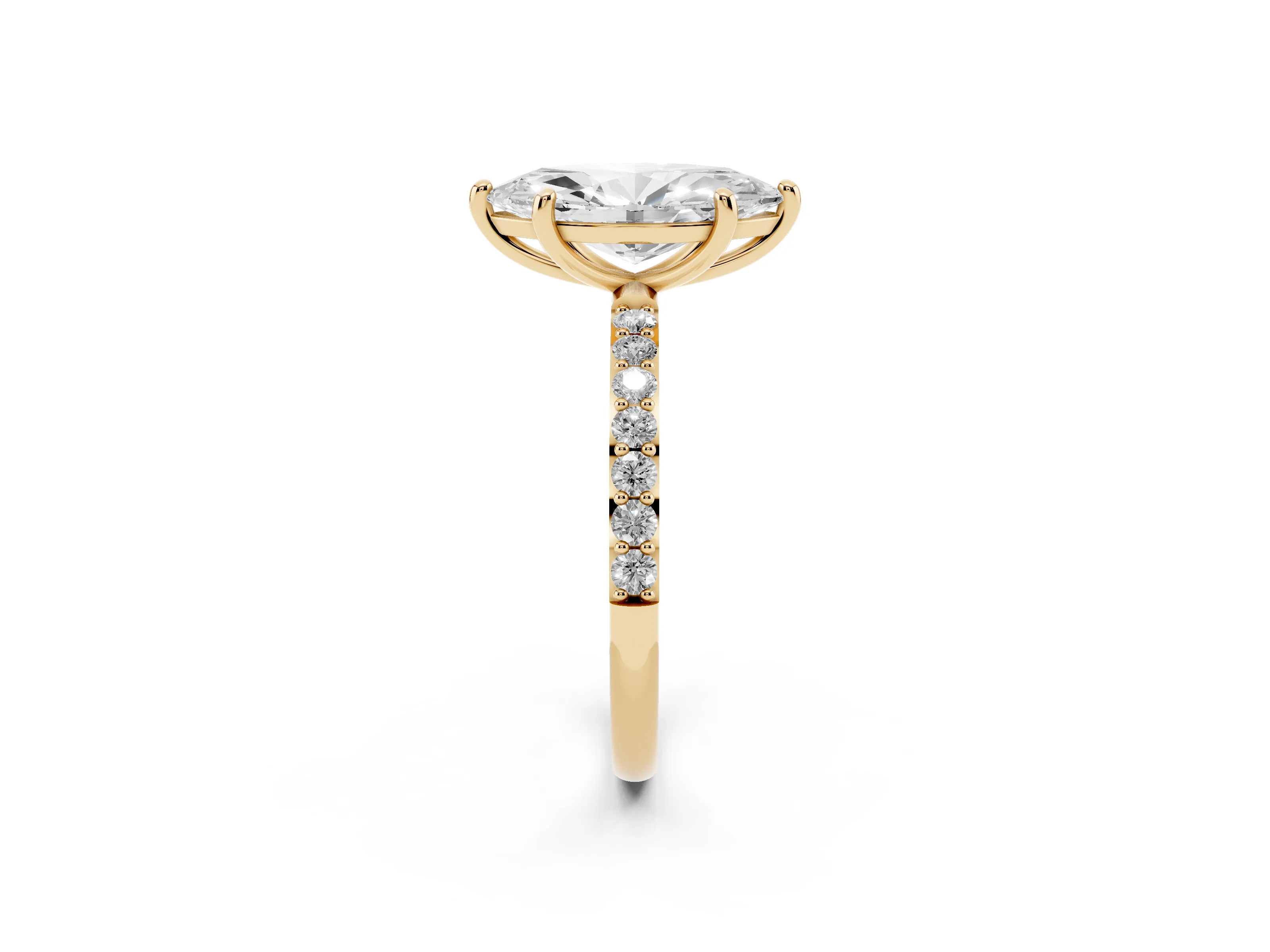 Marquise Cut Diamond Solitaire Ring Set in Yellow gold with Round Pavé Band and Prong Setting