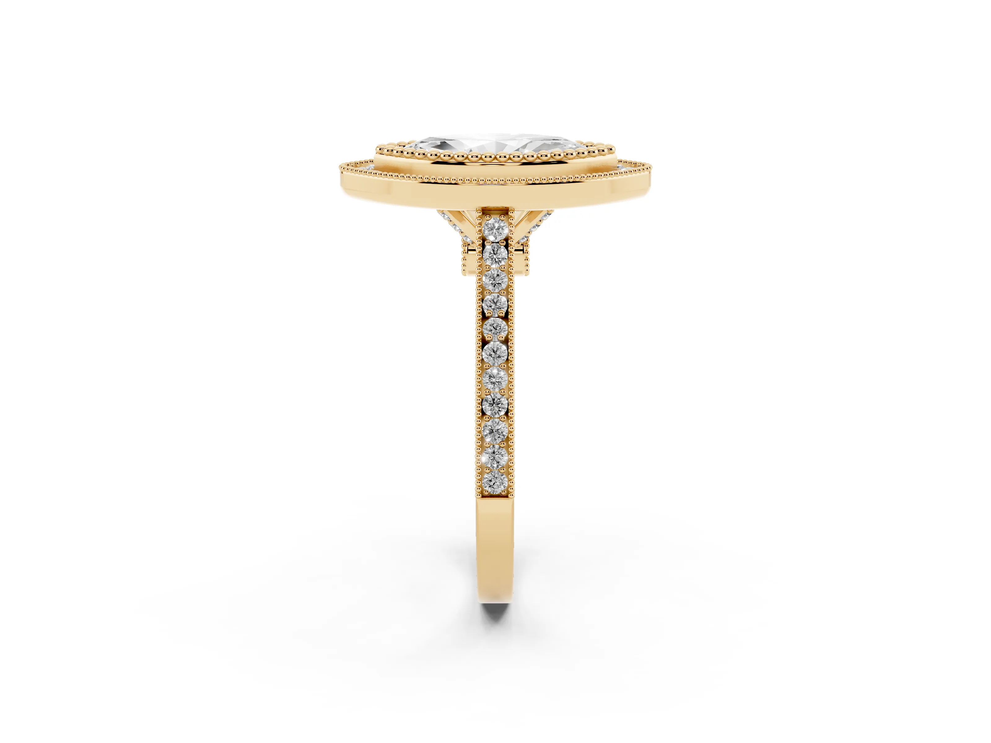 Marquise Cut Diamond Halo Ring Set in Yellow gold with Milgrain Frame and Pavé Band