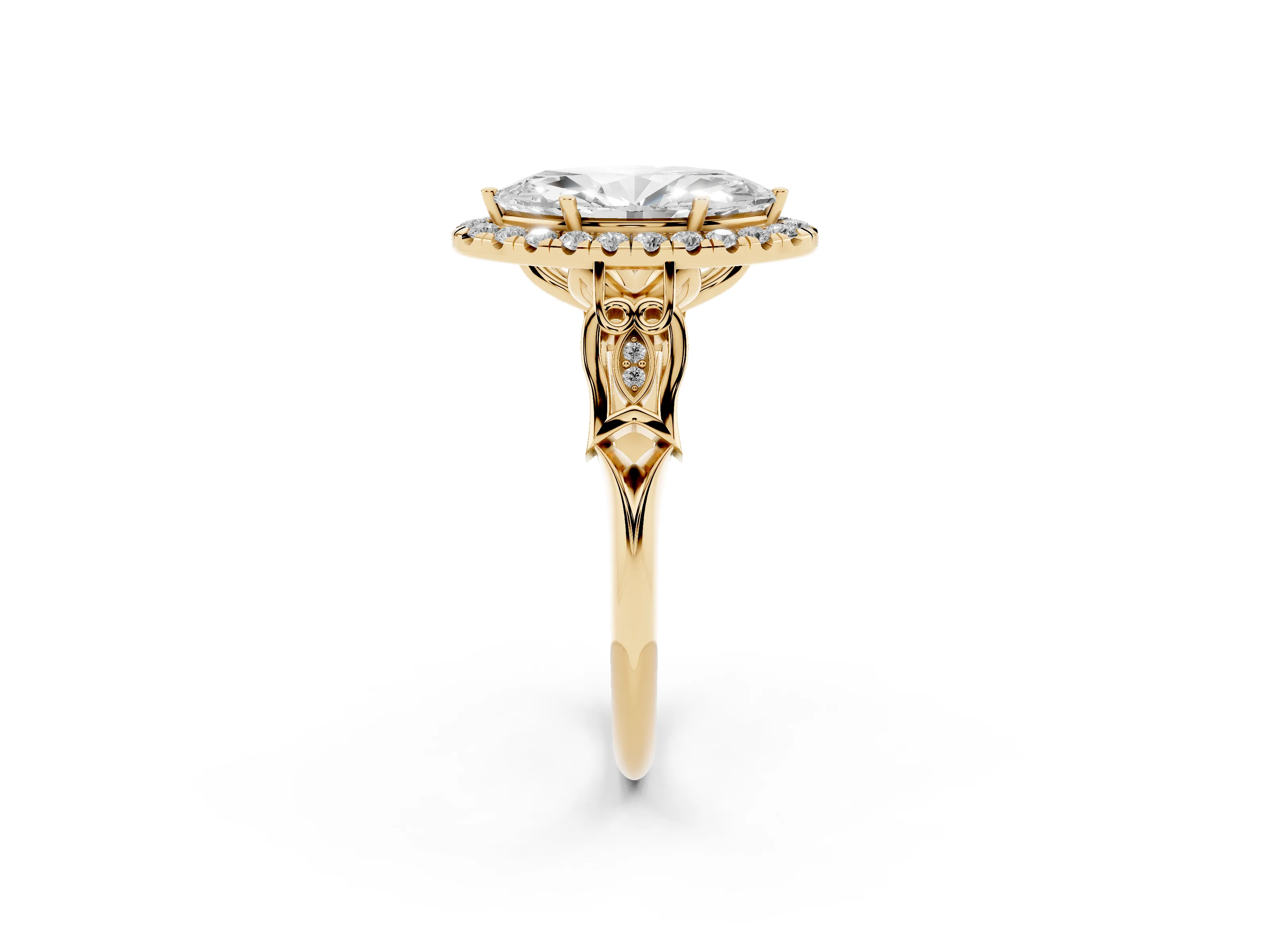 Marquise Cut Diamond Halo Engagement Ring Set in Yellow gold with Filigree Band and Prong-Set Center