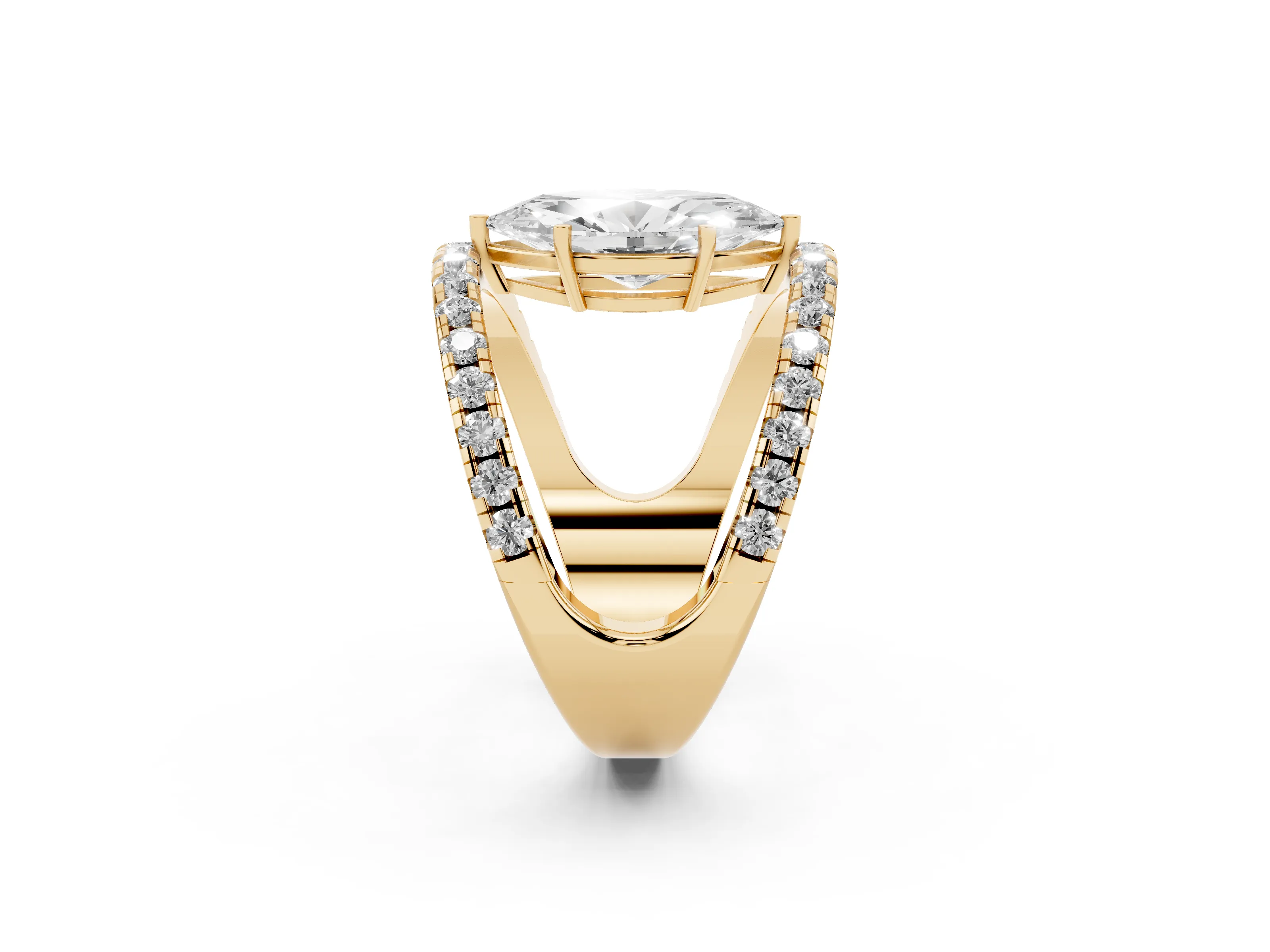 Marquise Cut Diamond Split Shank Pavé Solitaire Ring Set in Yellow gold with Open Shank Design