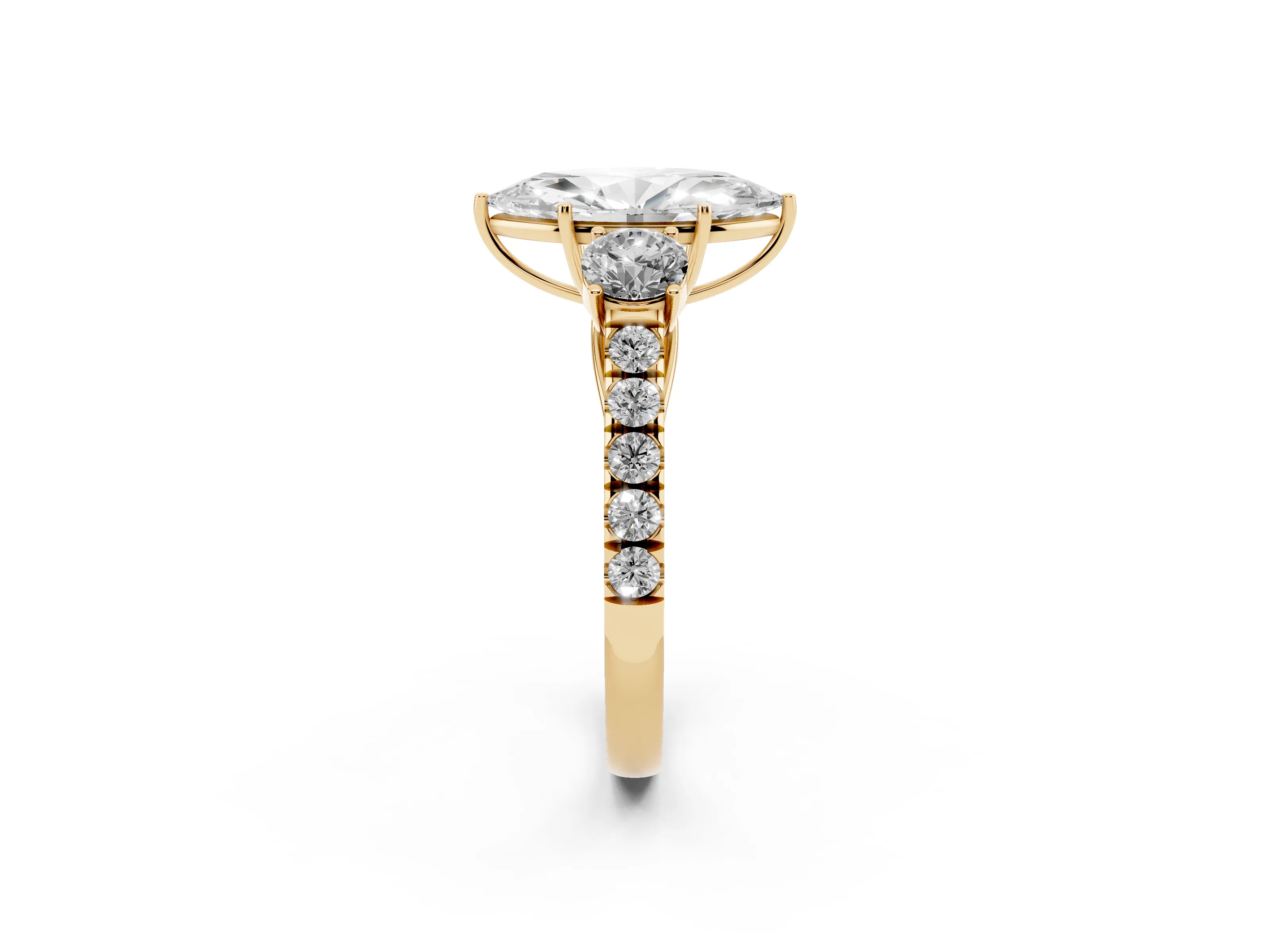 Marquise Cut Diamond Three-Stone Ring Set in Yellow gold with Round Side Stones and Delicate Pavé Band