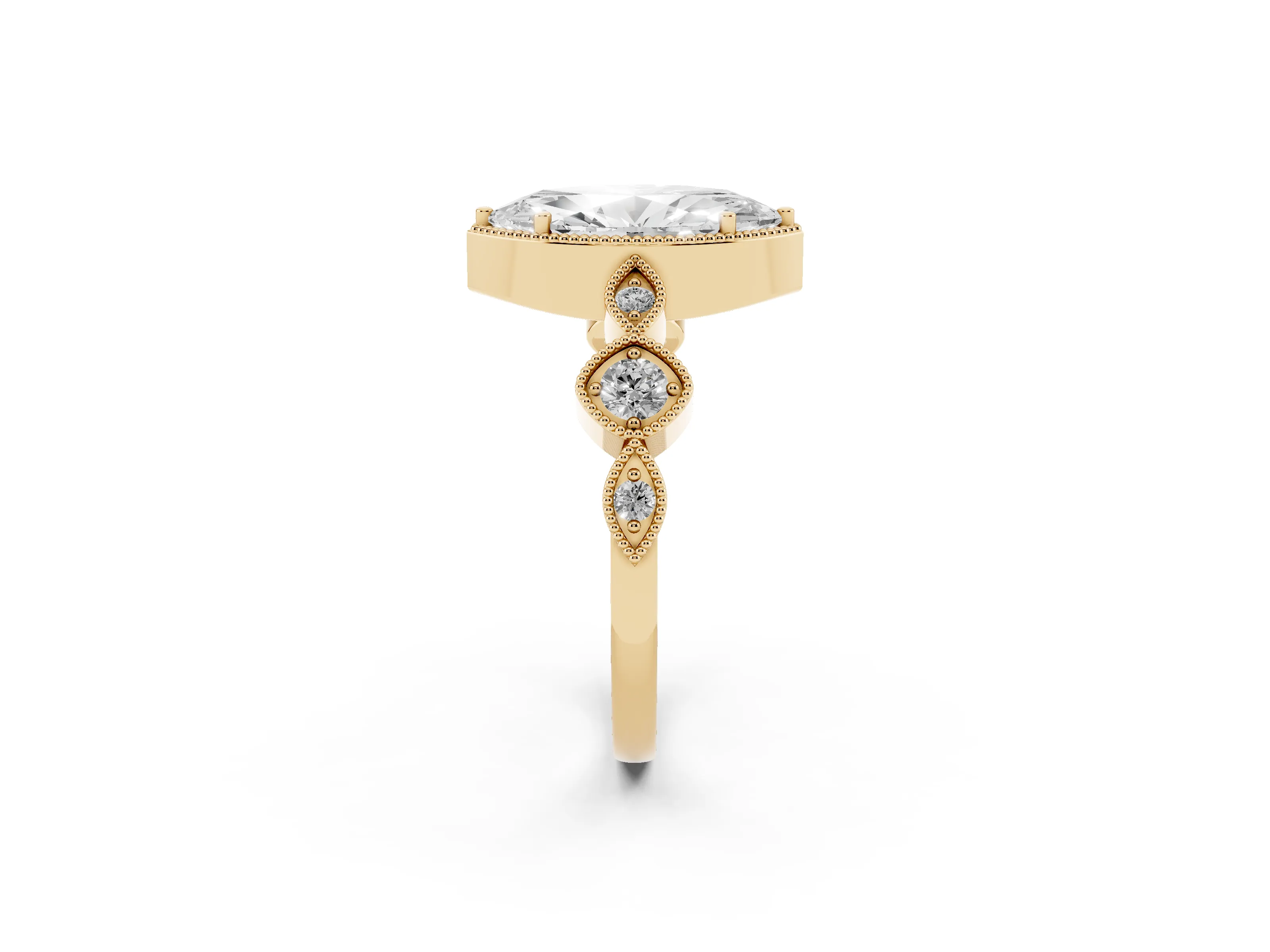 Marquise Cut Diamond Vintage-Inspired Milgrain Ring Set in Yellow gold with Marquise Stations of Round Accents
