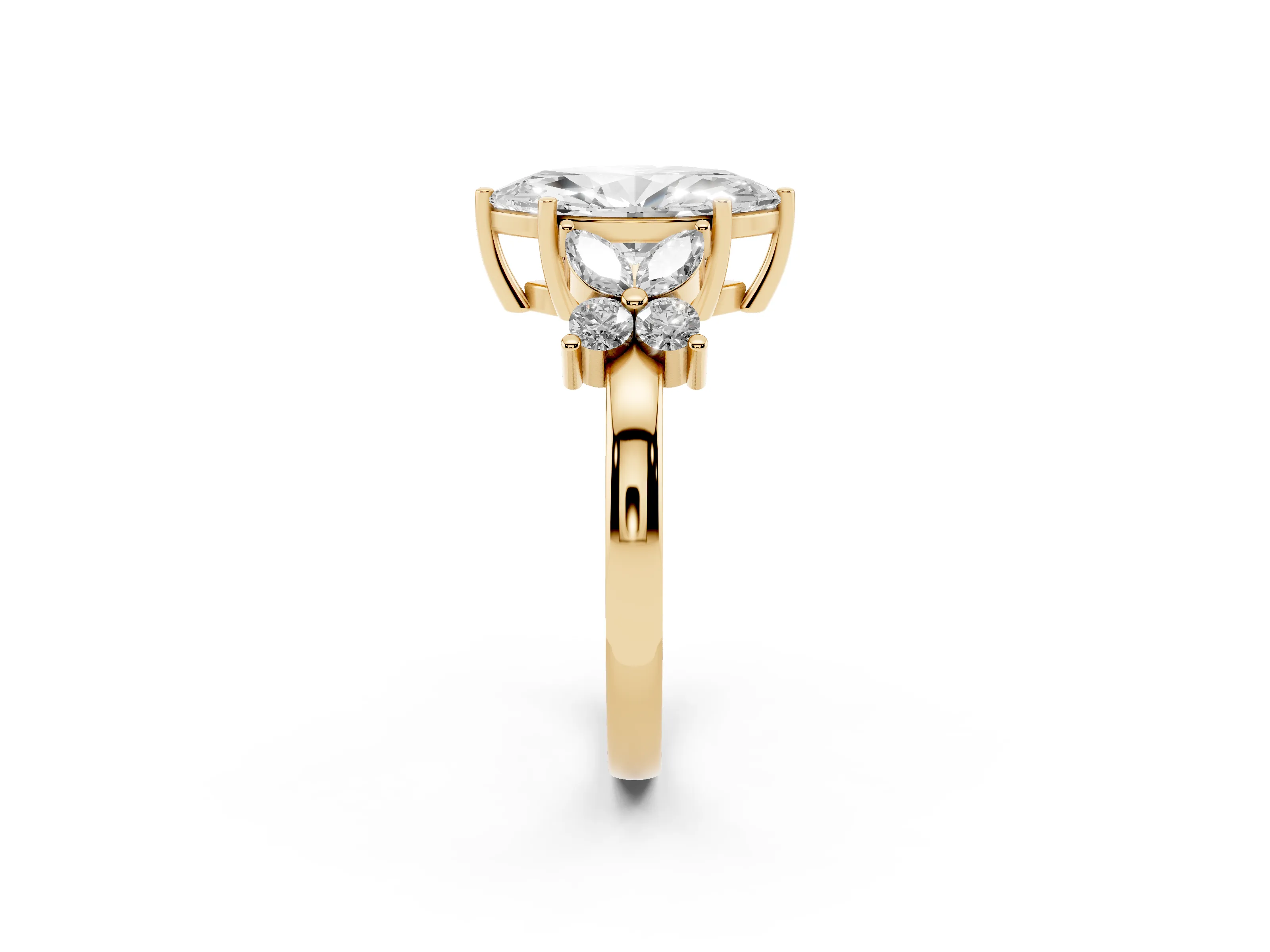 Marquise Cut Diamond Floral Cluster Ring Set in Yellow gold with Marquise Petals and Prong Setting