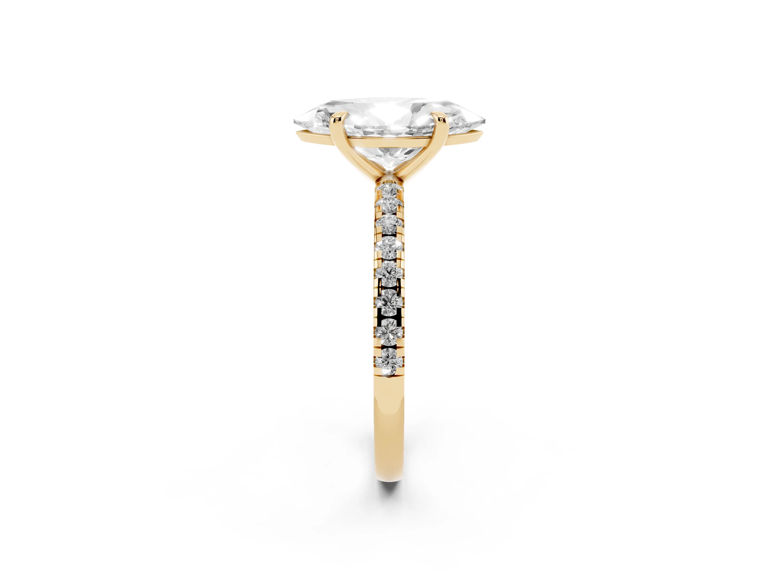 Marquise Cut Diamond Brilliant Solitaire Ring Set in Yellow gold with Pavé Band and Prong Setting