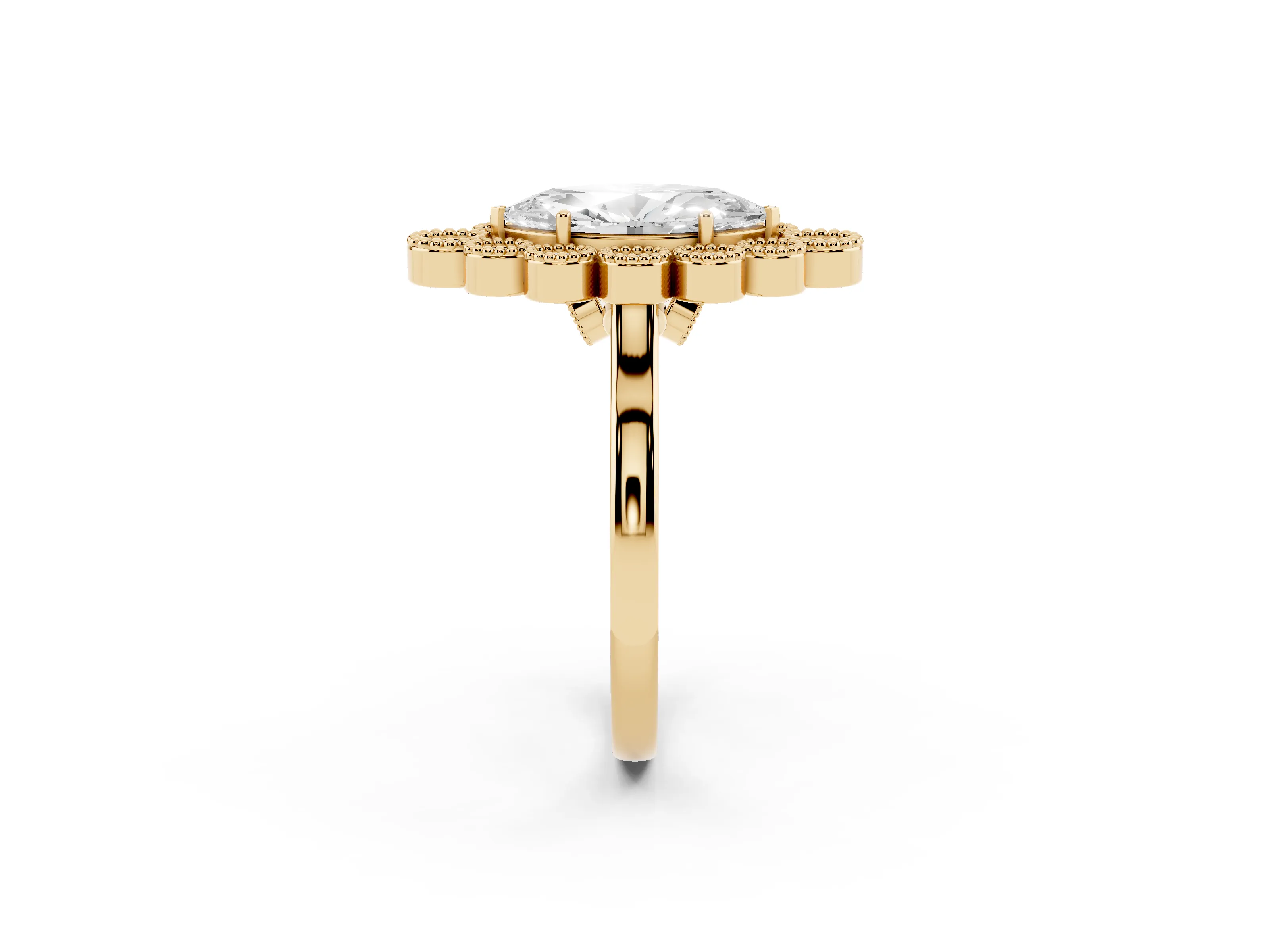 Marquise Cut Diamond Cluster Halo Ring Set in Yellow gold with Milgrain Bezel Accents and Plain Band
