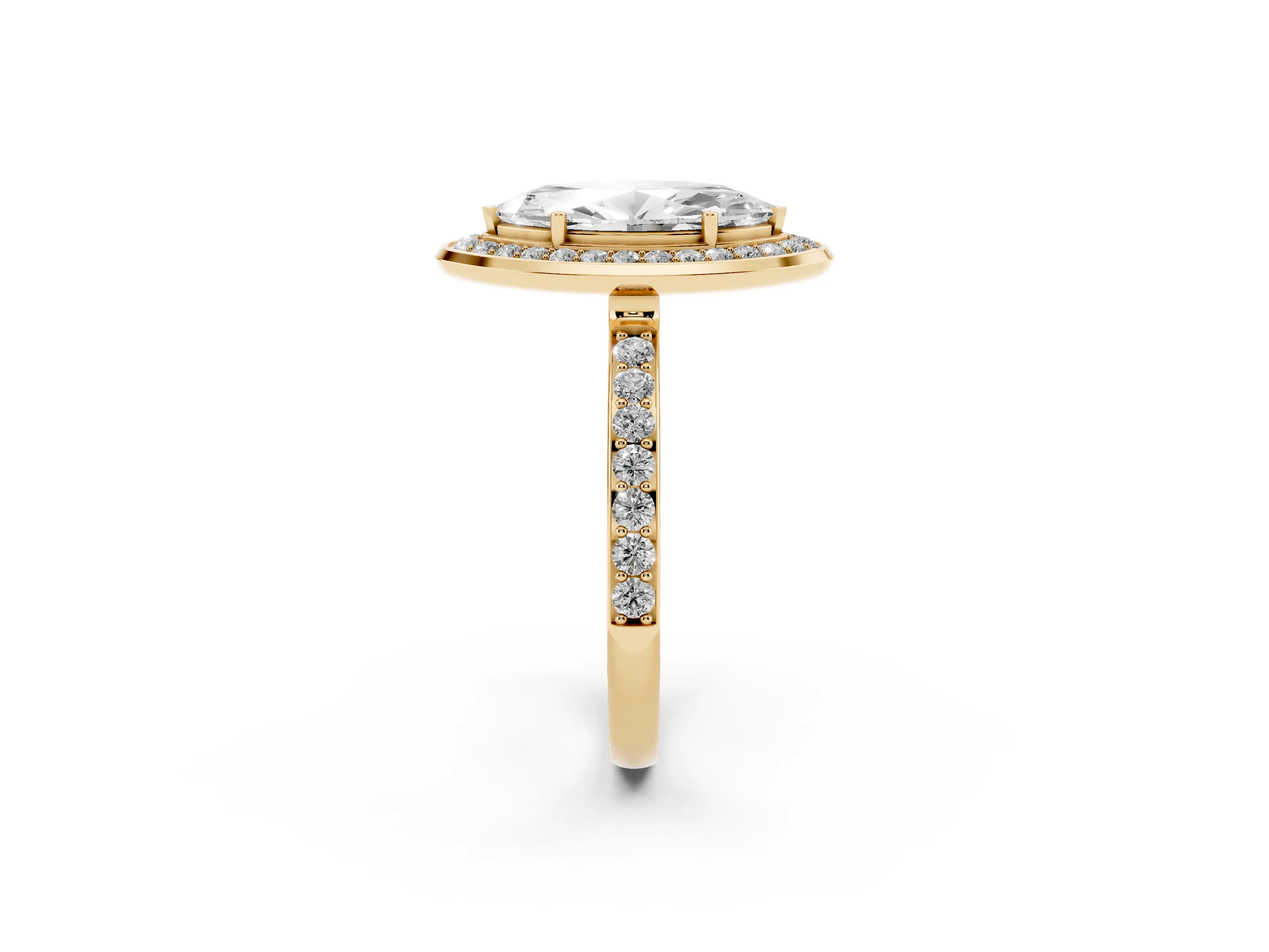 Marquise Cut Diamond Halo Ring Set in Yellow gold with Bezel Frame and Pavé Band