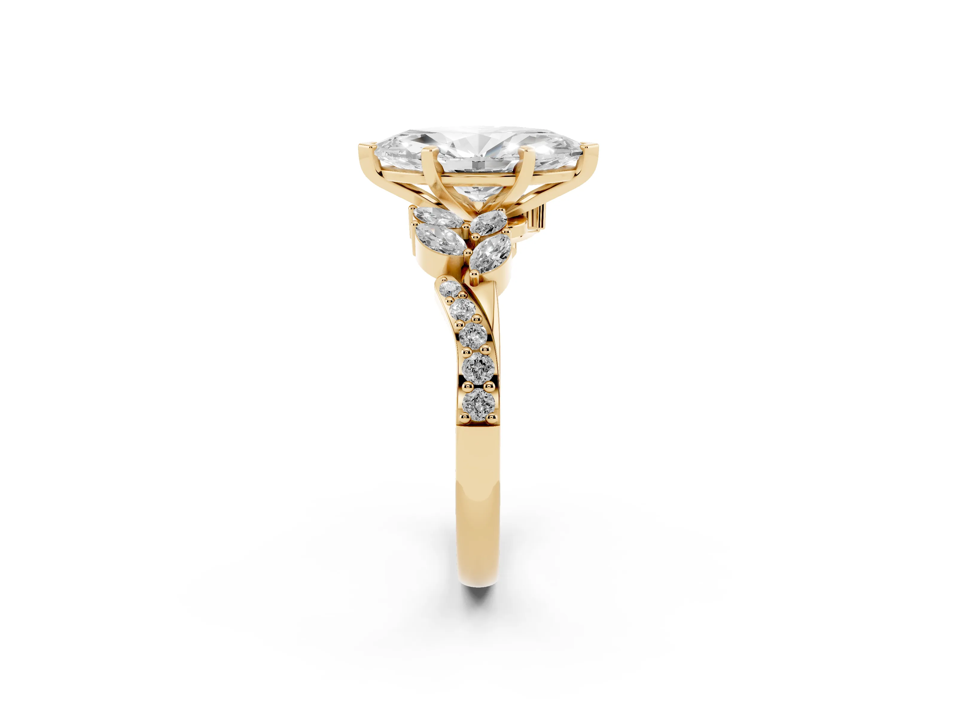 Marquise Cut Diamond Solitaire Ring Set in Yellow gold with Marquise Twist Band and Prong Setting