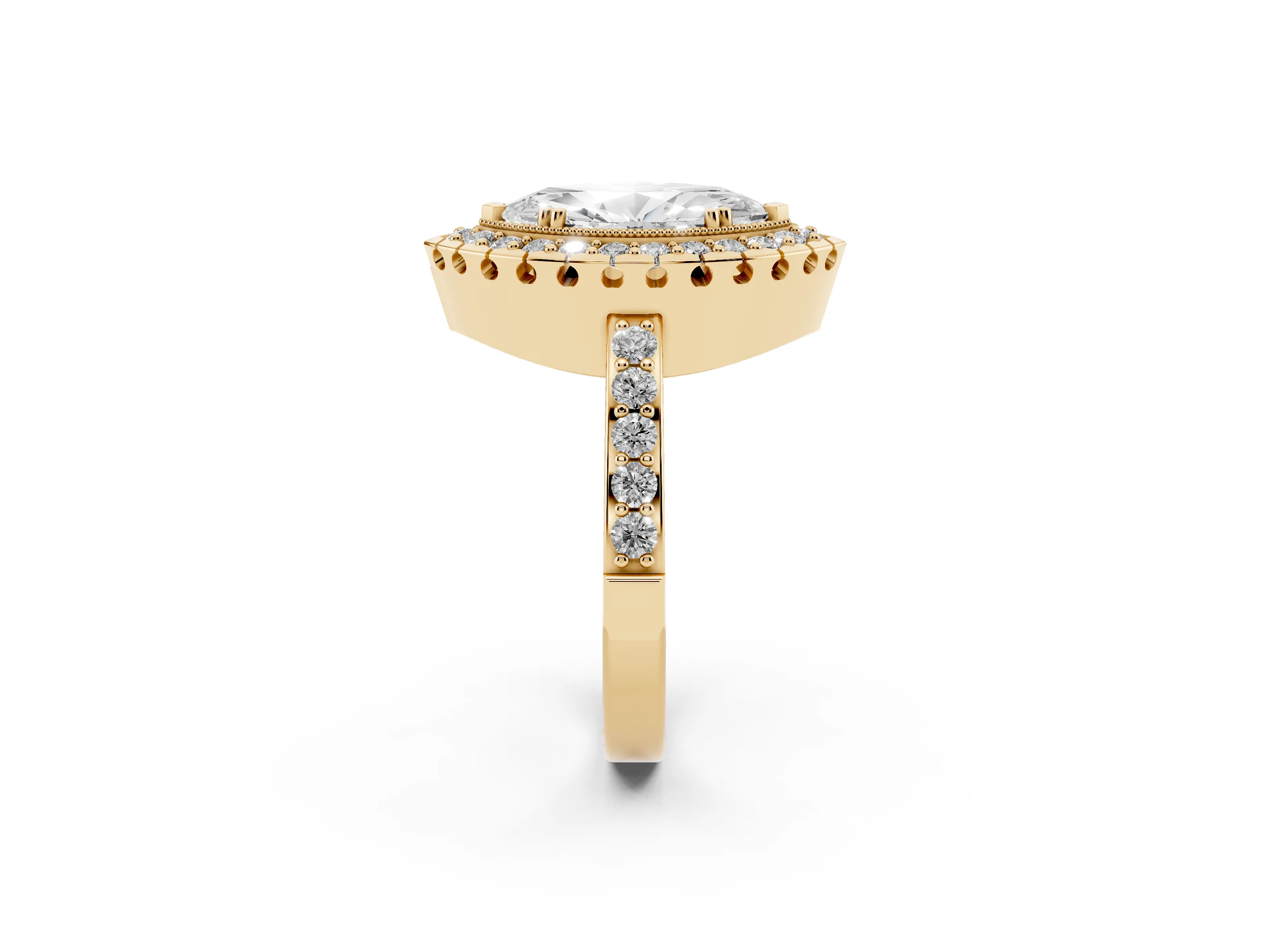 Marquise Cut Diamond Halo Ring Set in Yellow gold with Pavé Shank and Prong Setting