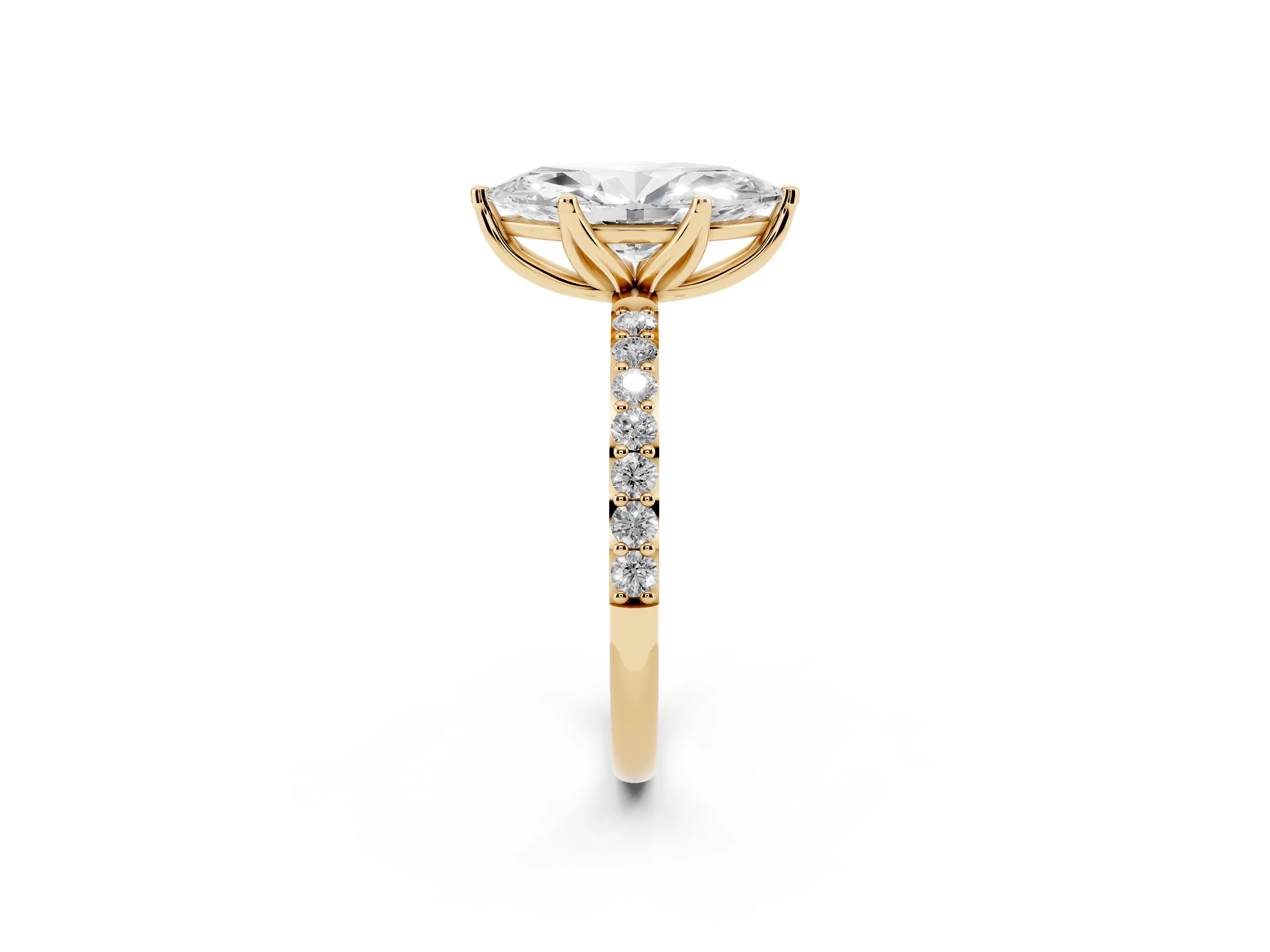 Marquise Cut Diamond Solitaire Engagement Ring Set in Yellow gold with Round Pavé Band and Prong Setting