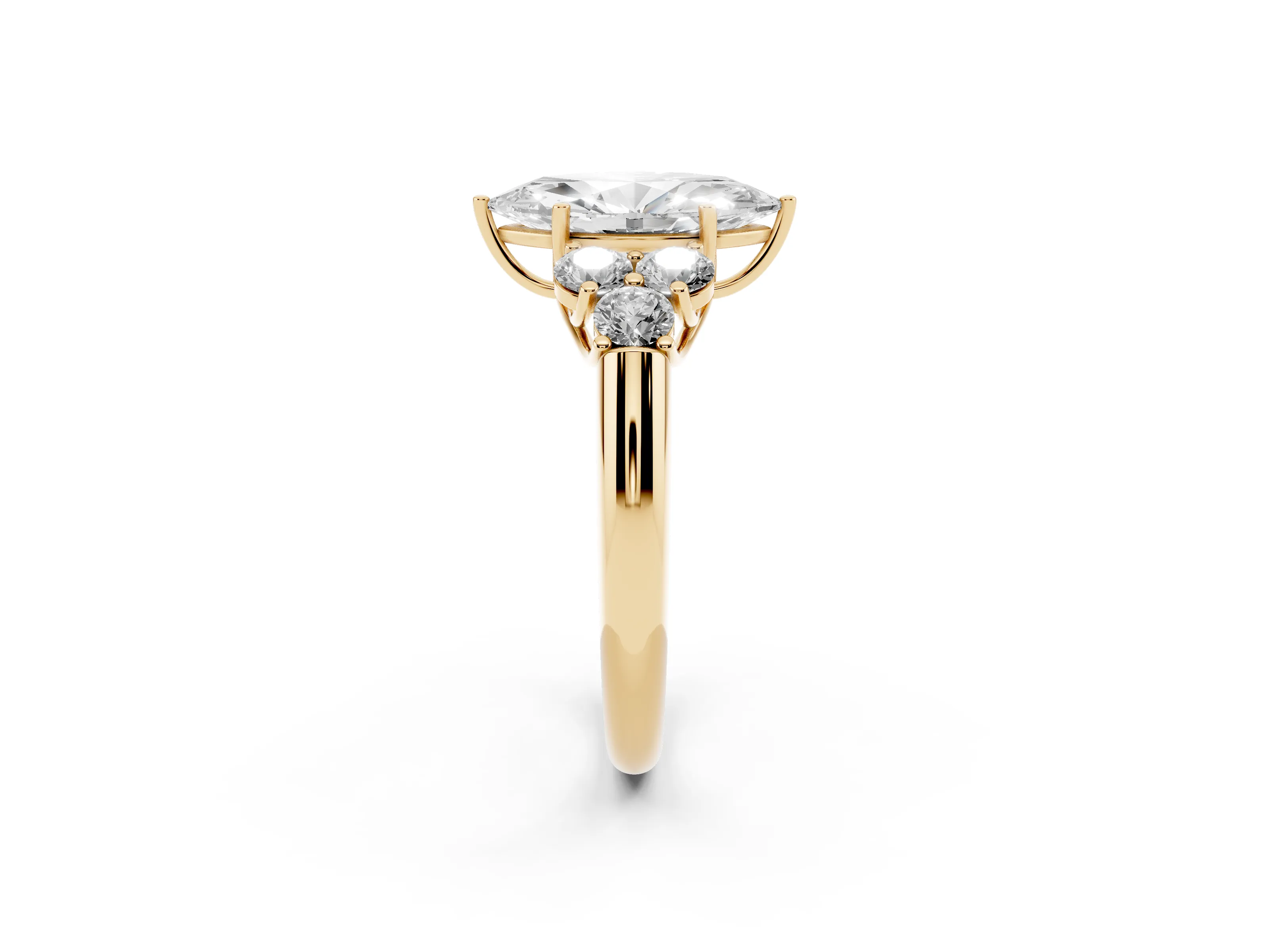 Marquise Cut Diamond Cluster Ring Set in Yellow gold with Round Accent Stones and Prong Setting on a Plain Band