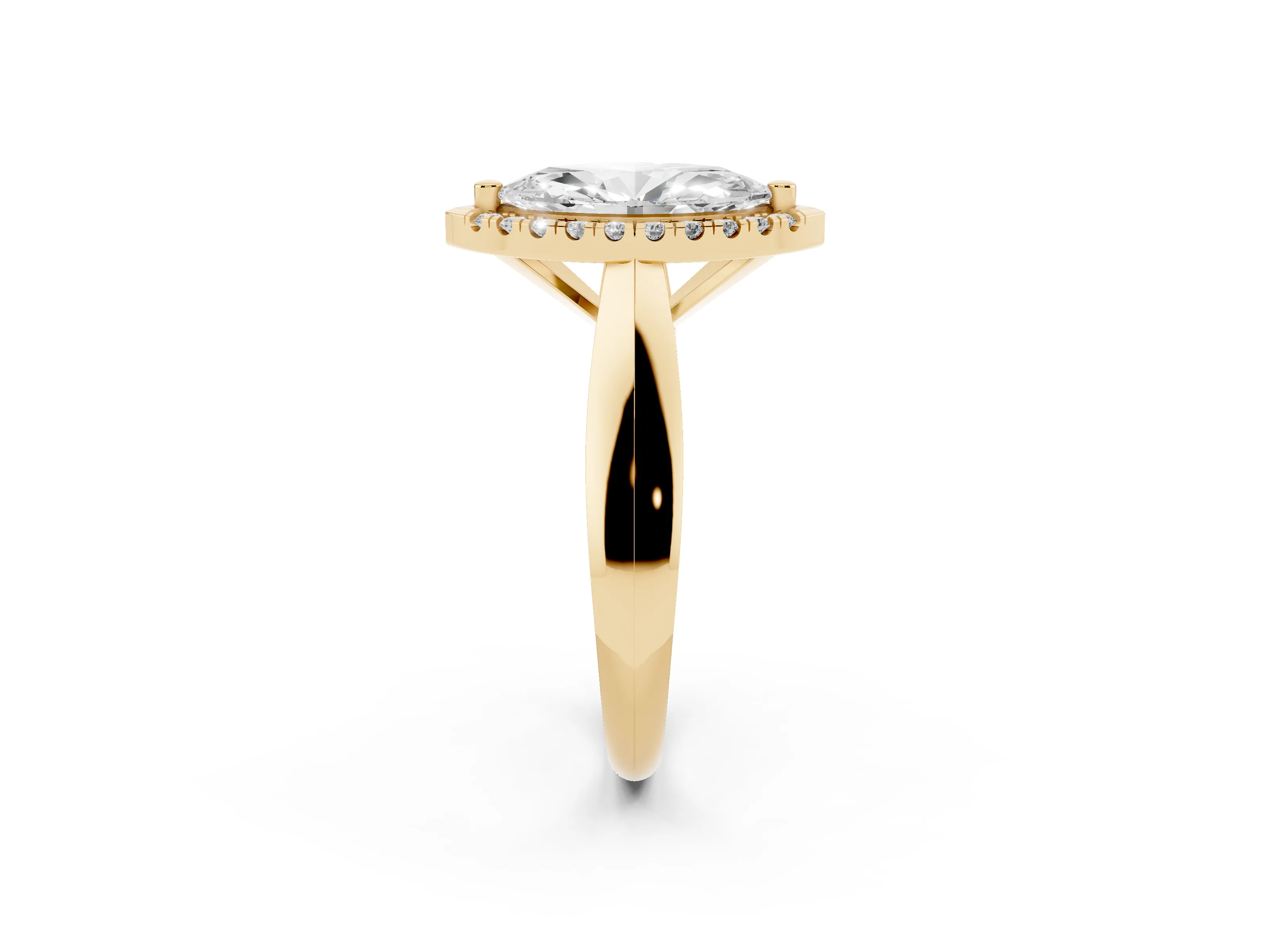 Marquise Cut Diamond Halo Solitaire Engagement Ring Set in Yellow gold with Square Band and Prong Setting