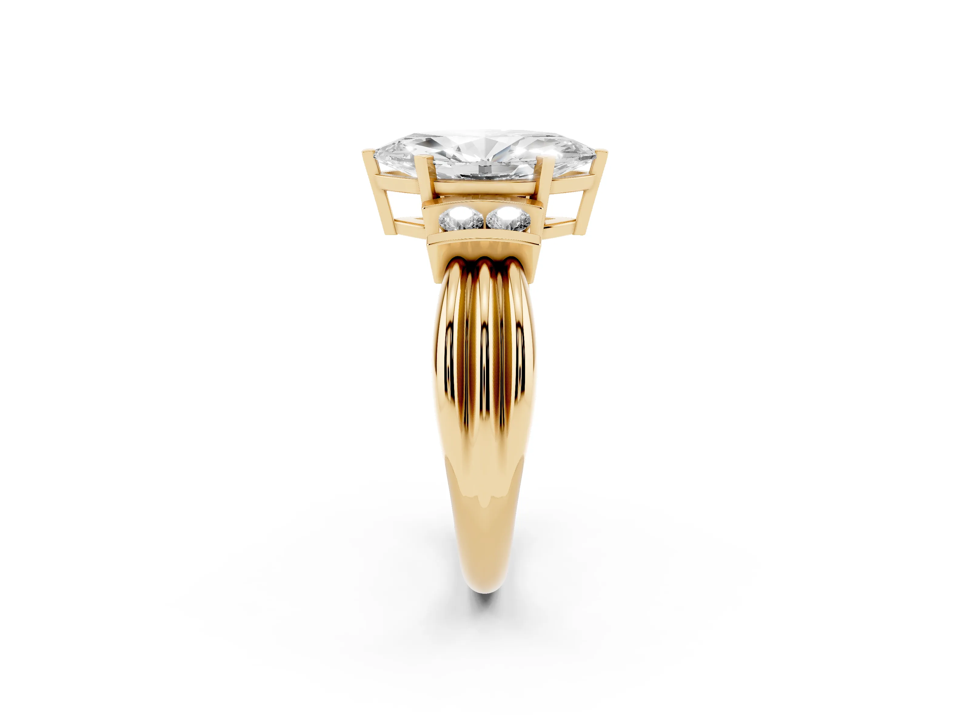 Three-Stone Marquise Cut Diamond Channel Set Ring Set in Yellow gold with Bar Prongs