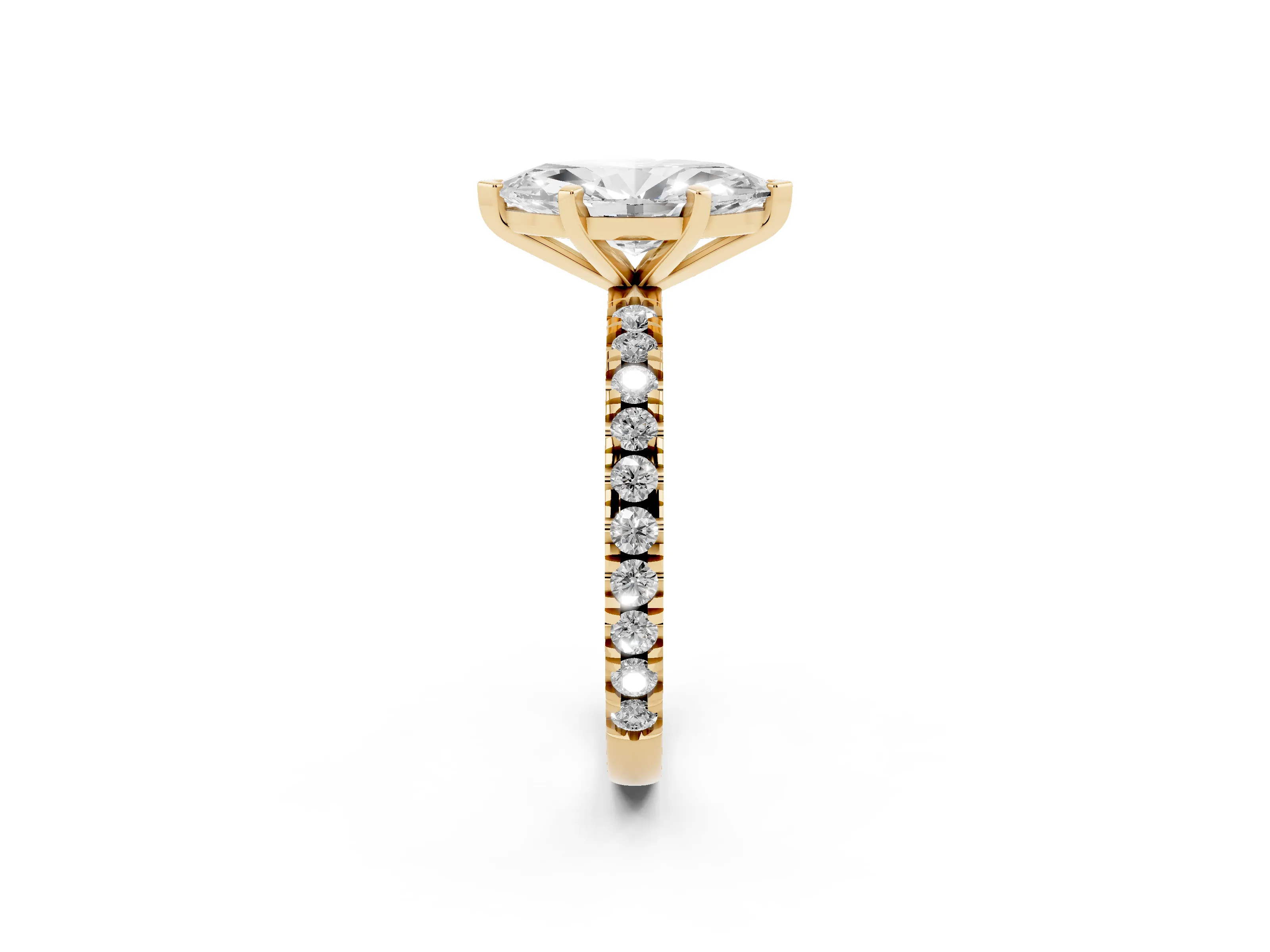 Marquise Cut Diamond Pavé Band Solitaire Set in Yellow gold with Prong Setting