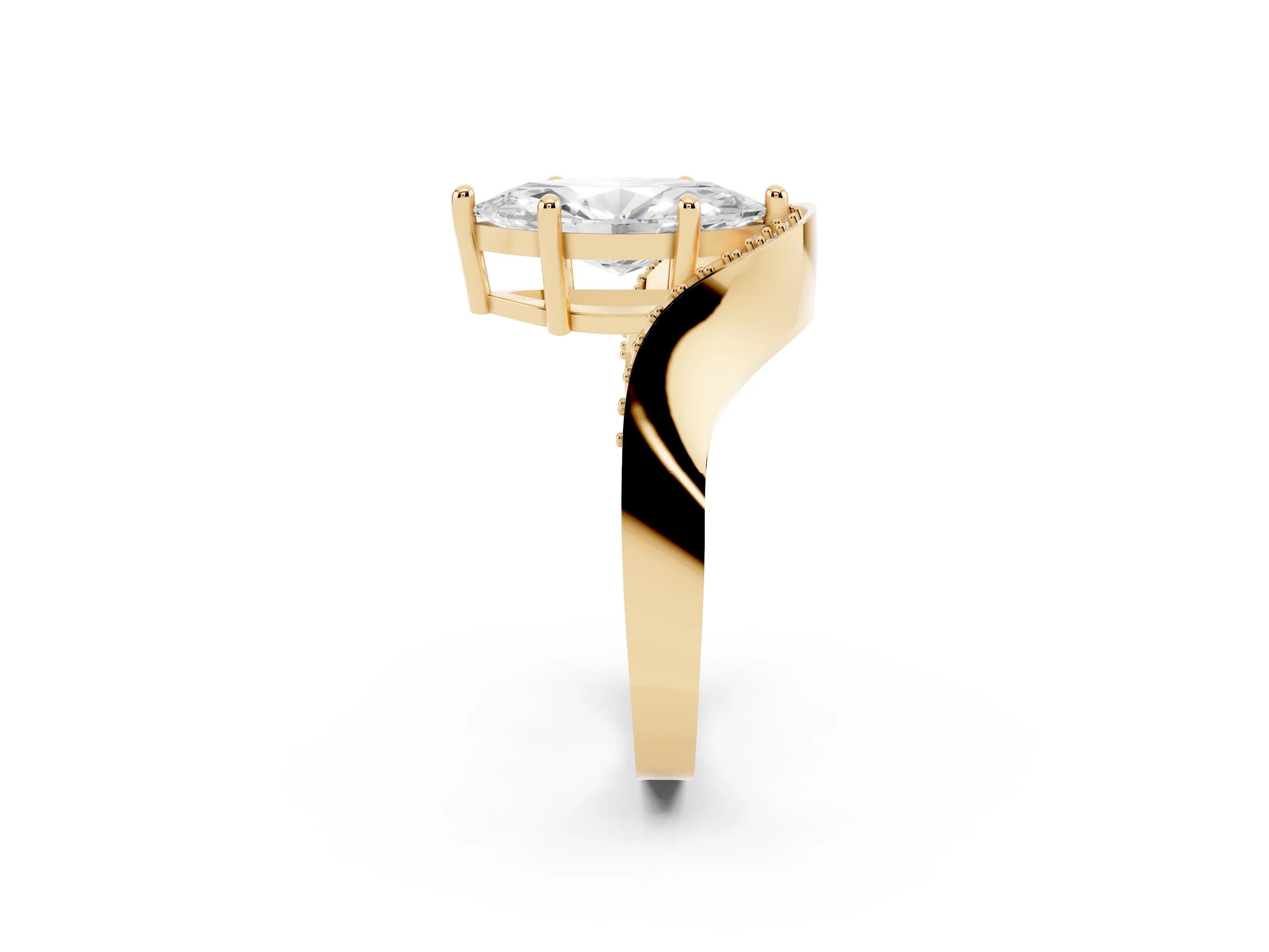 Marquise Cut Diamond Solitaire Engagement Ring Set in Yellow gold with Pavé Shoulders