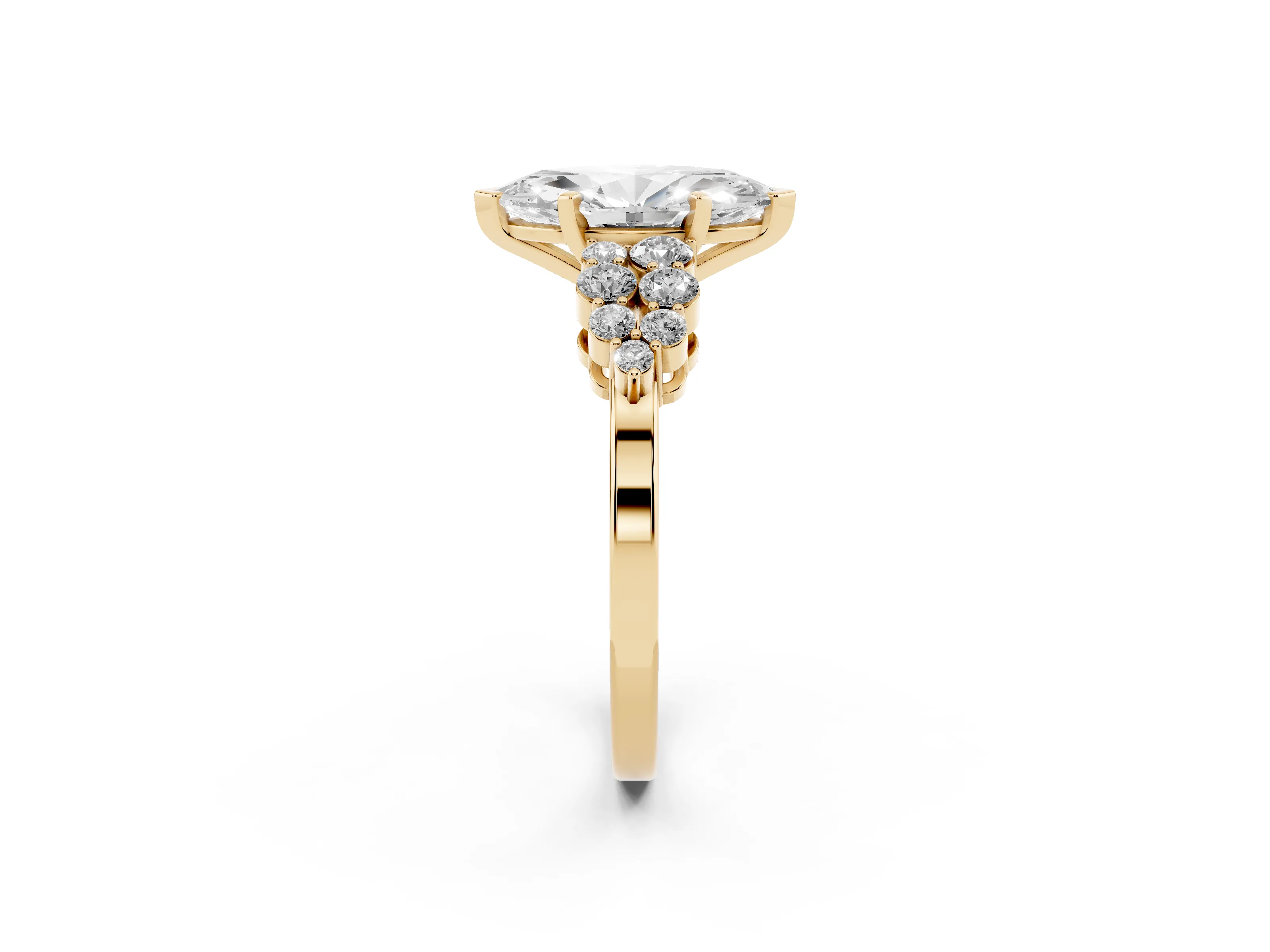 Marquise Cut Diamond Cluster Engagement Ring Set in Yellow gold with Pavé Band and Prong Setting