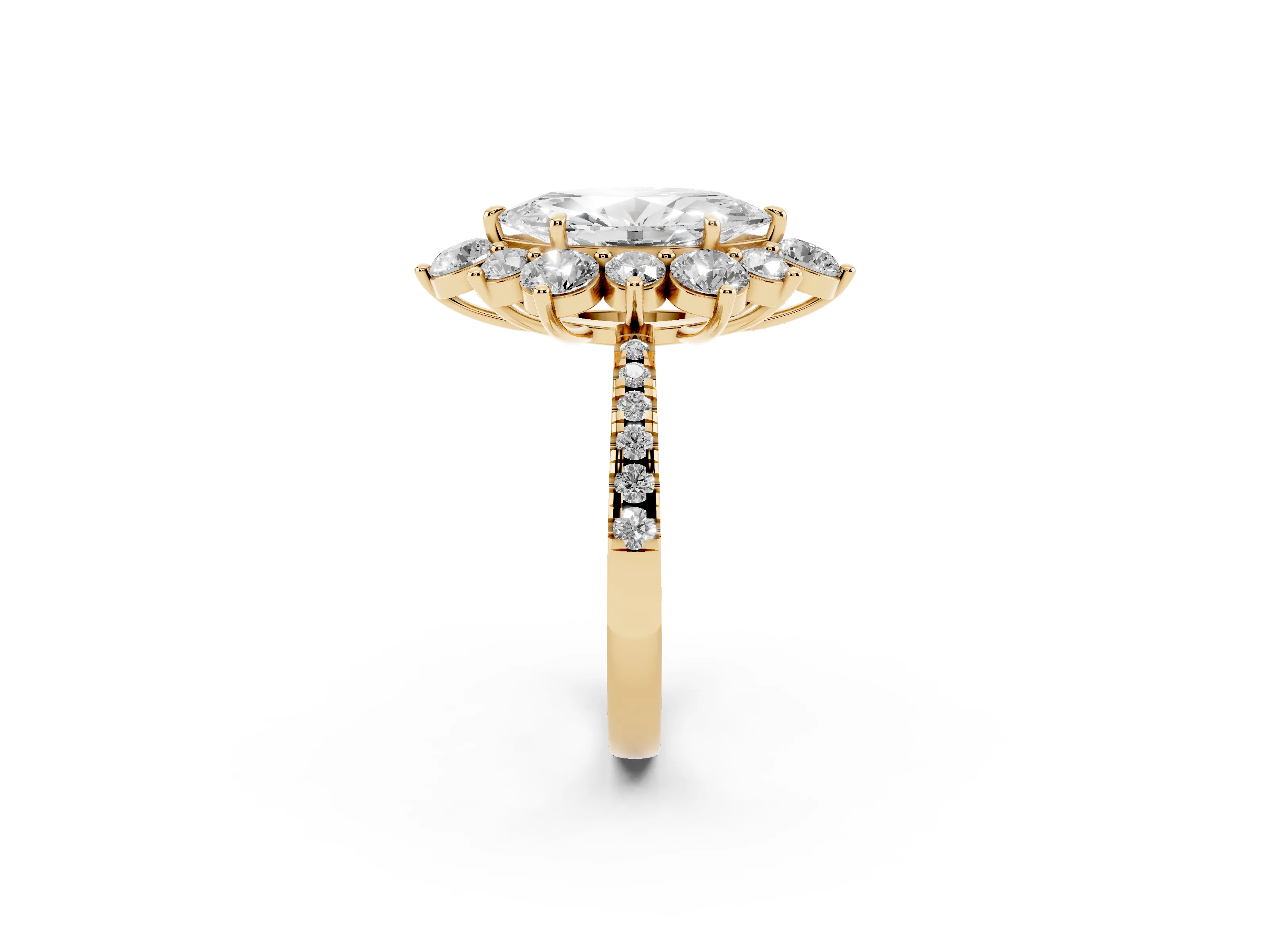 Marquise Cut Diamond Floral Halo Ring Set in Yellow gold with Round Pavé Band and Prong Setting