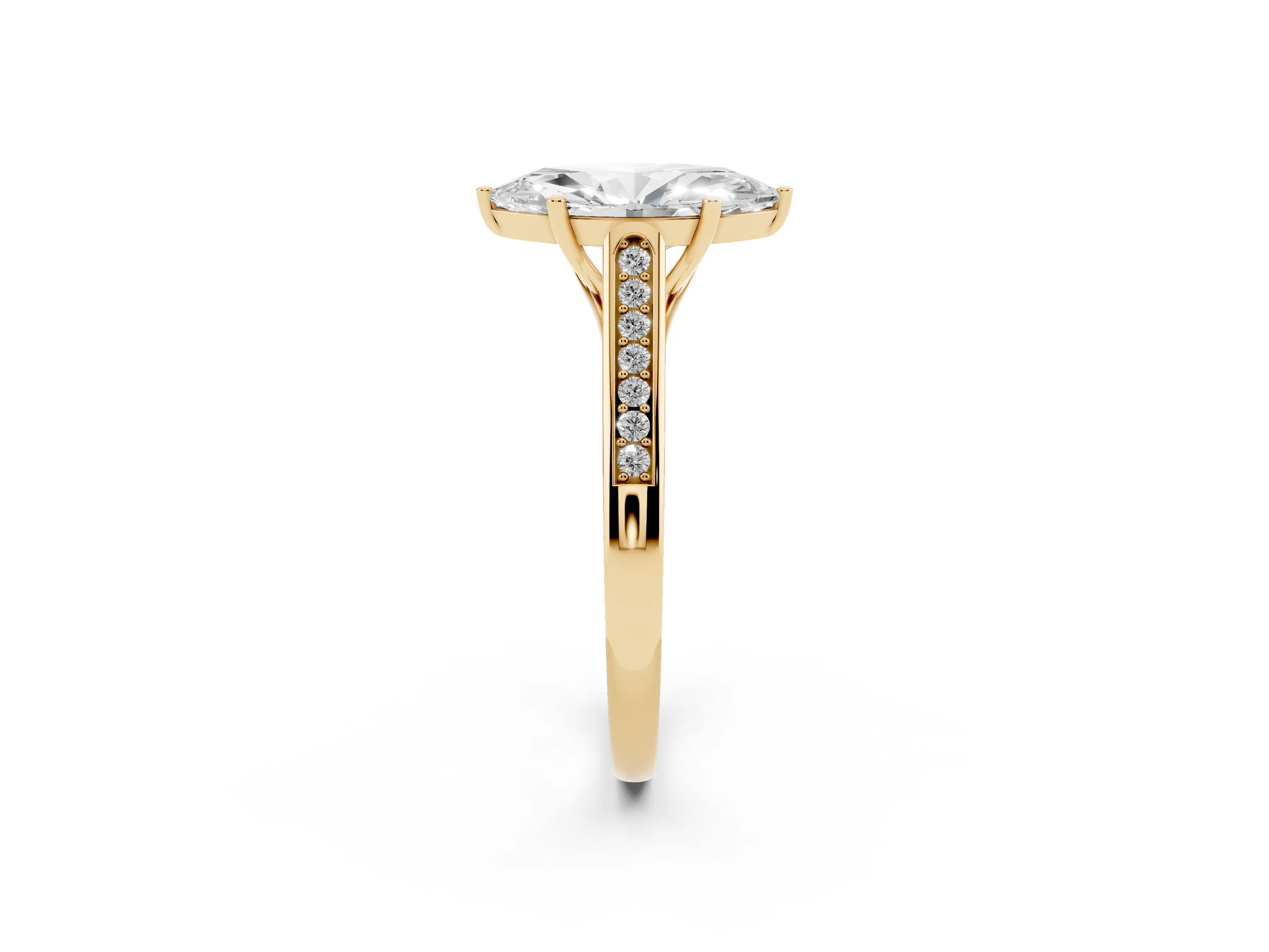 Marquise Cut Diamond Solitaire Cathedral Engagement Ring Set in Yellow gold with Channel-Set Band and Prong Setting