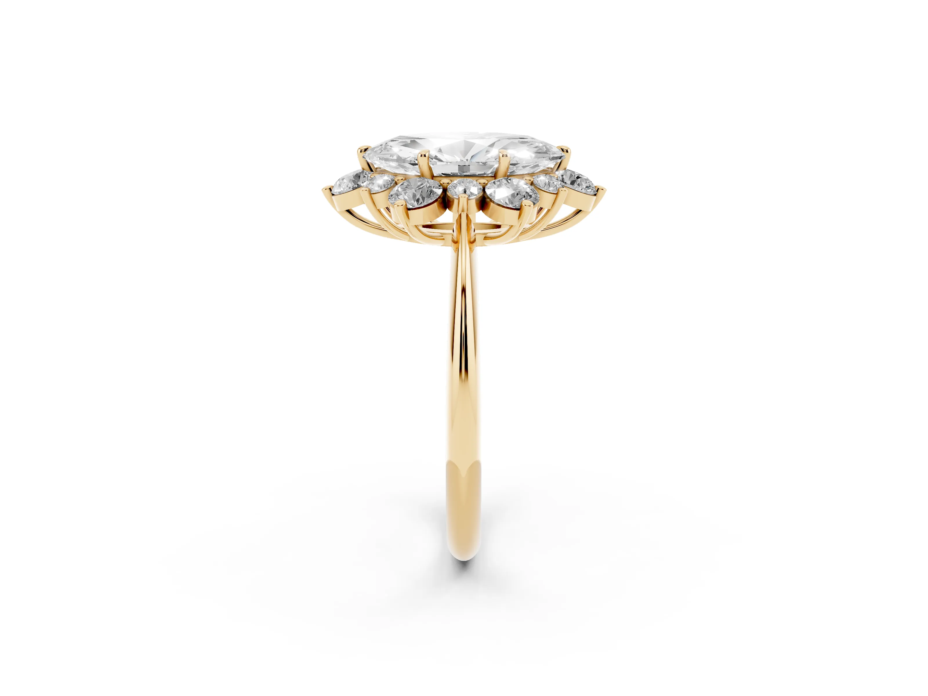 Marquise Cut Diamond Cluster Halo Ring Set in Yellow gold with Solitaire Band and Prong Setting