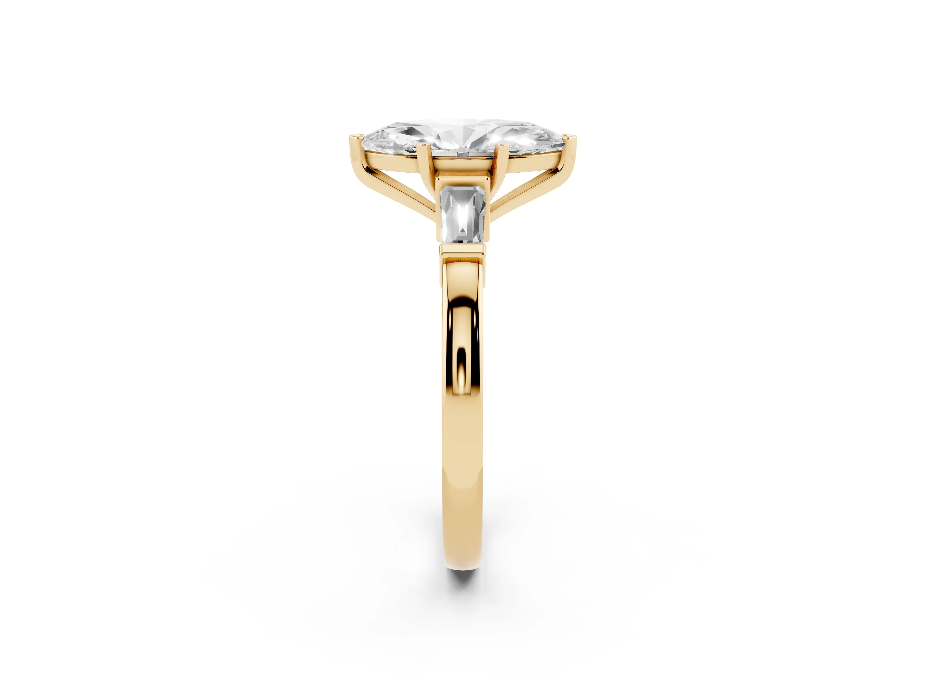 Marquise Cut Diamond Solitaire Ring Set in Yellow gold with Tapered Baguette Accents and Prong Setting