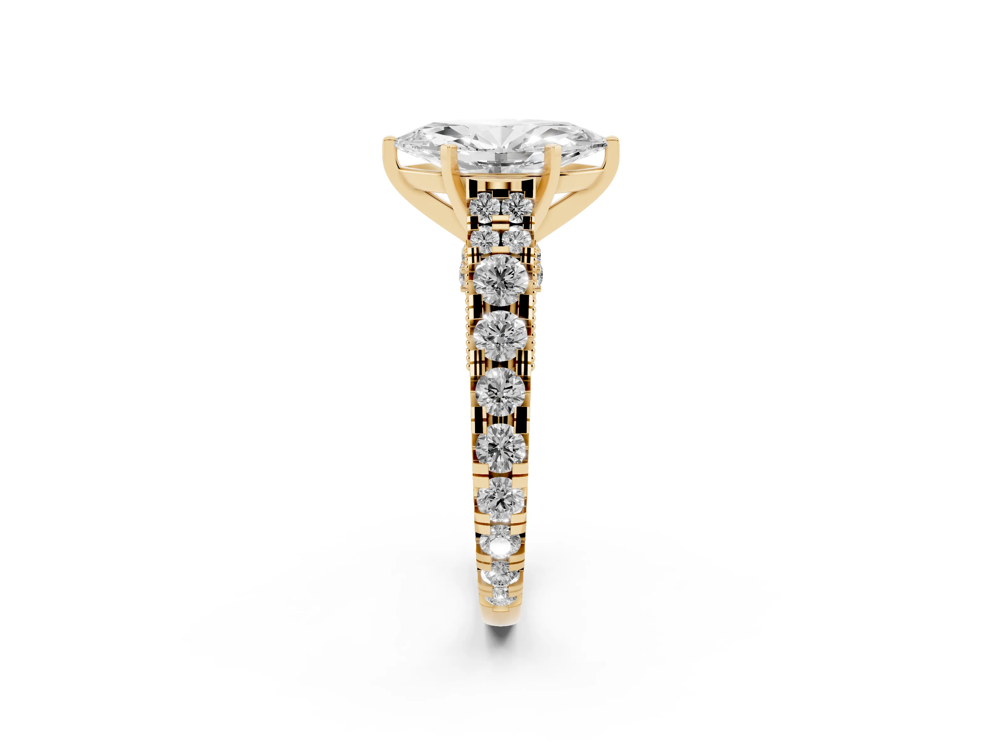 Marquise Cut Diamond Classic Solitaire Ring Set in Yellow gold with Pavé Band and Prong Setting