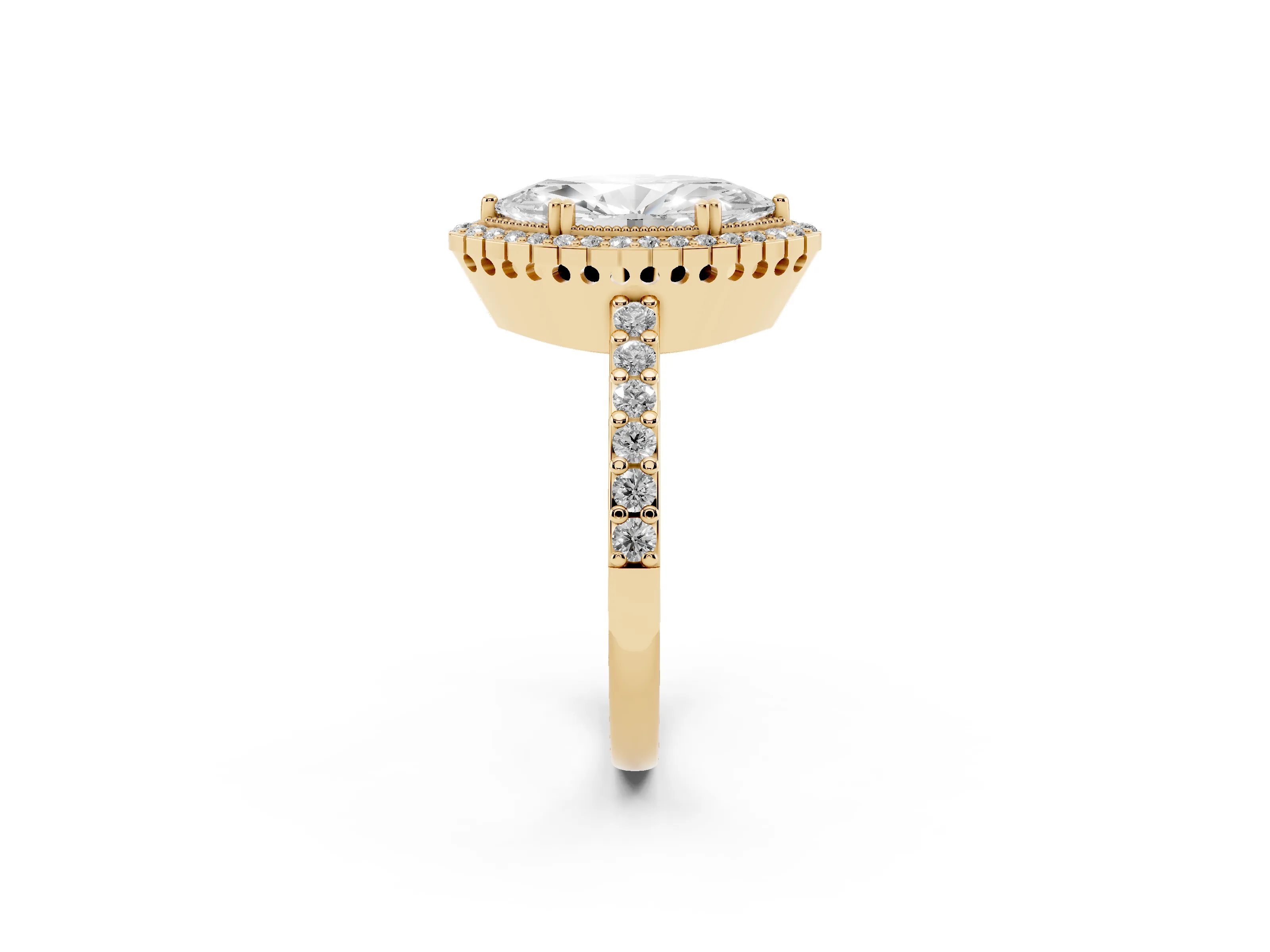 Marquise Cut Diamond Halo Engagement Ring Set in Yellow gold with Milgrain Detail and Pavé Band