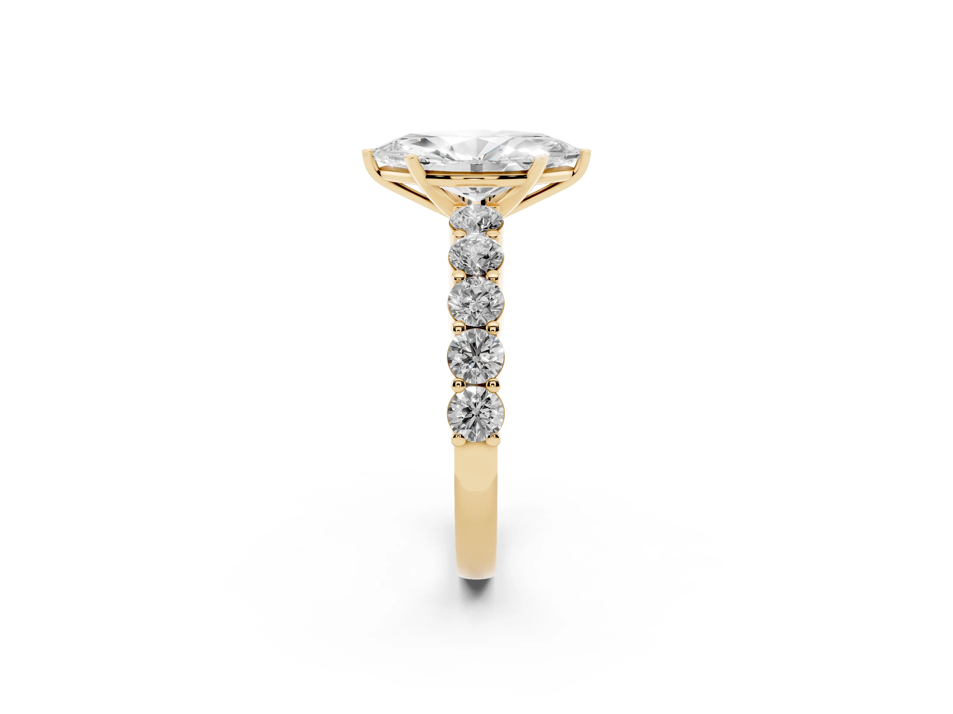 Marquise Cut Diamond Solitaire Ring Set in Yellow gold with Shared Prong Round Side Stones