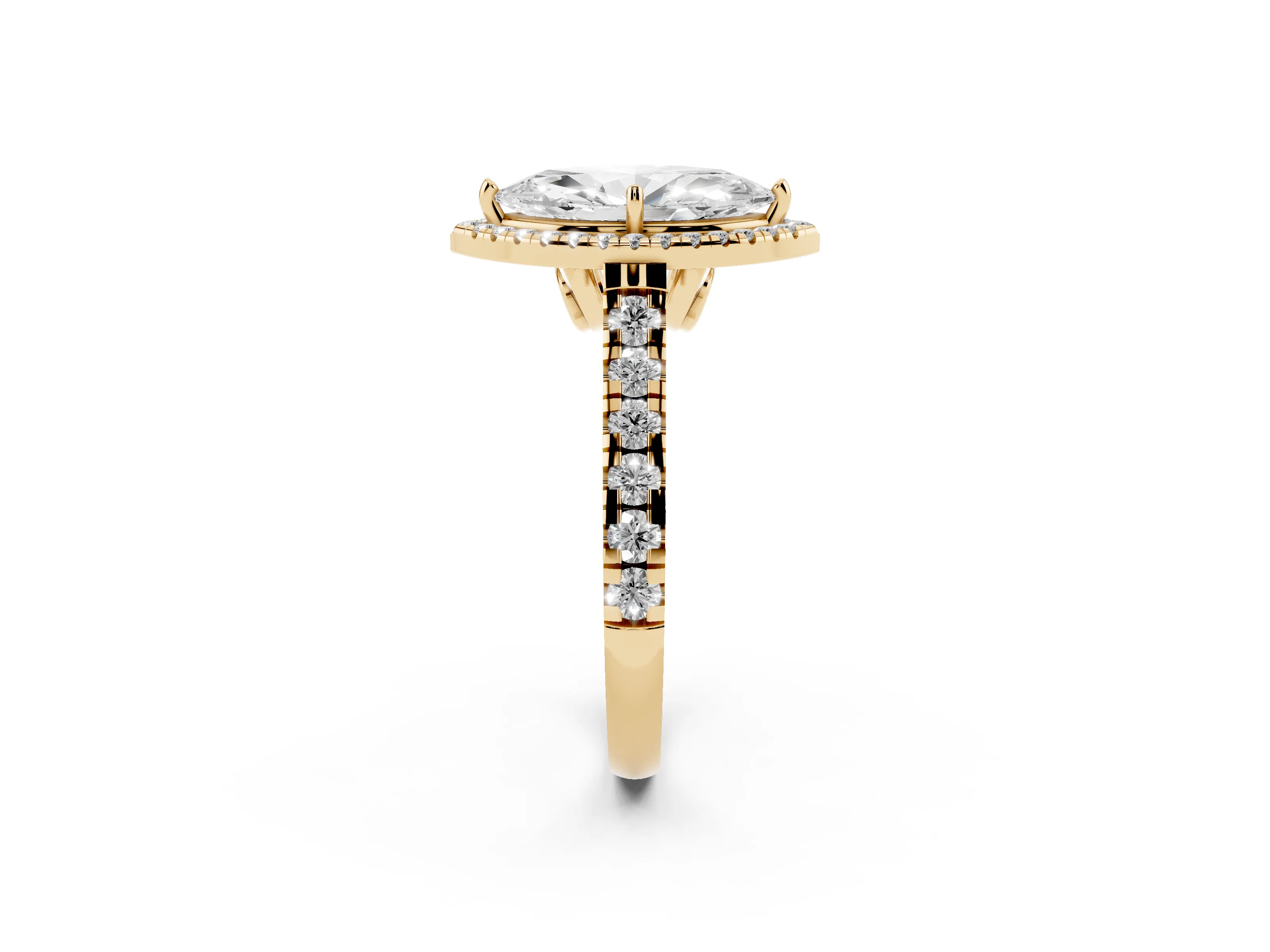 Marquise Cut Diamond Halo Engagement Ring Set in Yellow gold with Pavé Band and Prong-Set Center