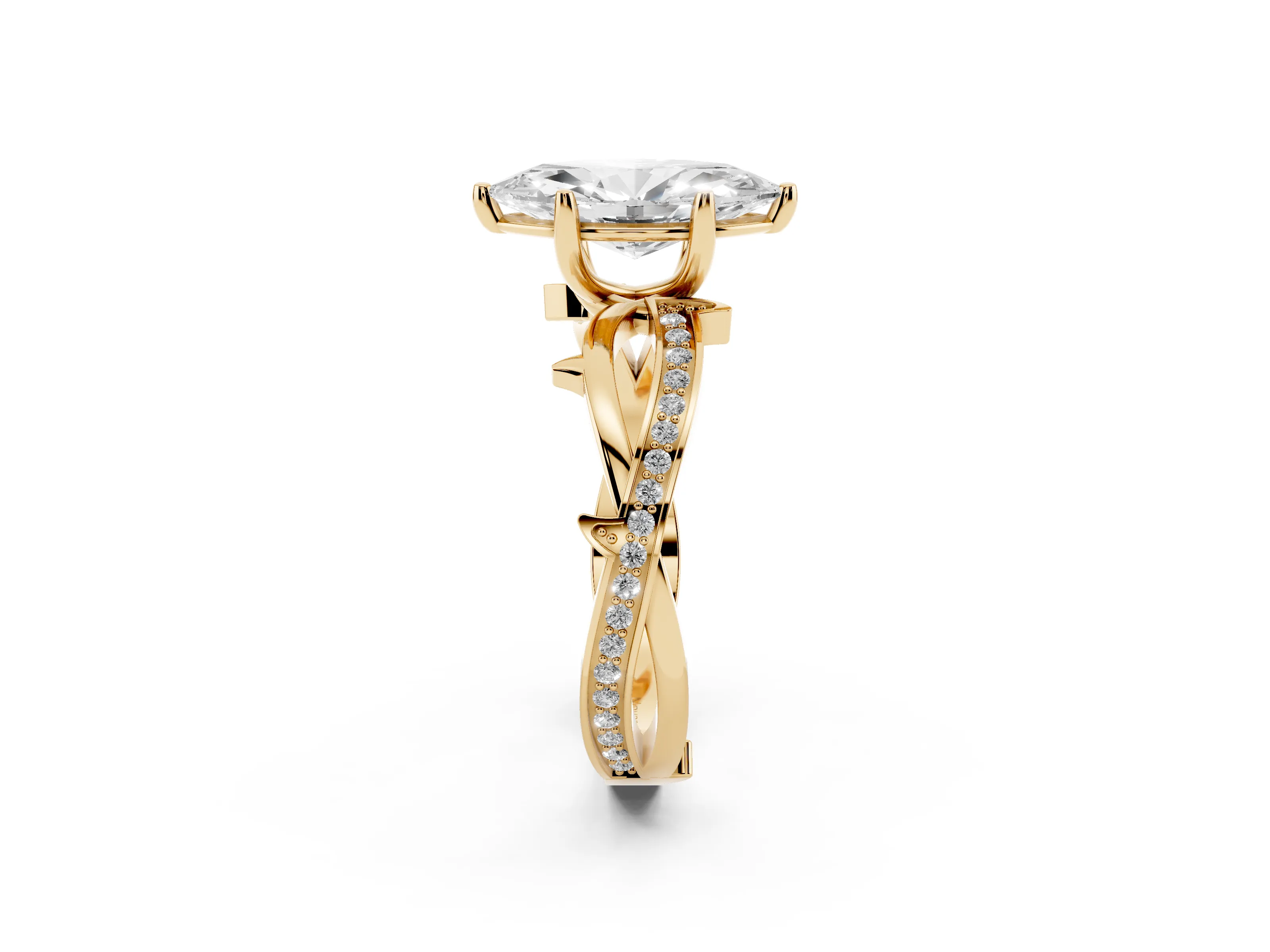Marquise Cut Diamond Pavé Twist Band Solitaire Ring Set in Yellow gold with Prong Setting
