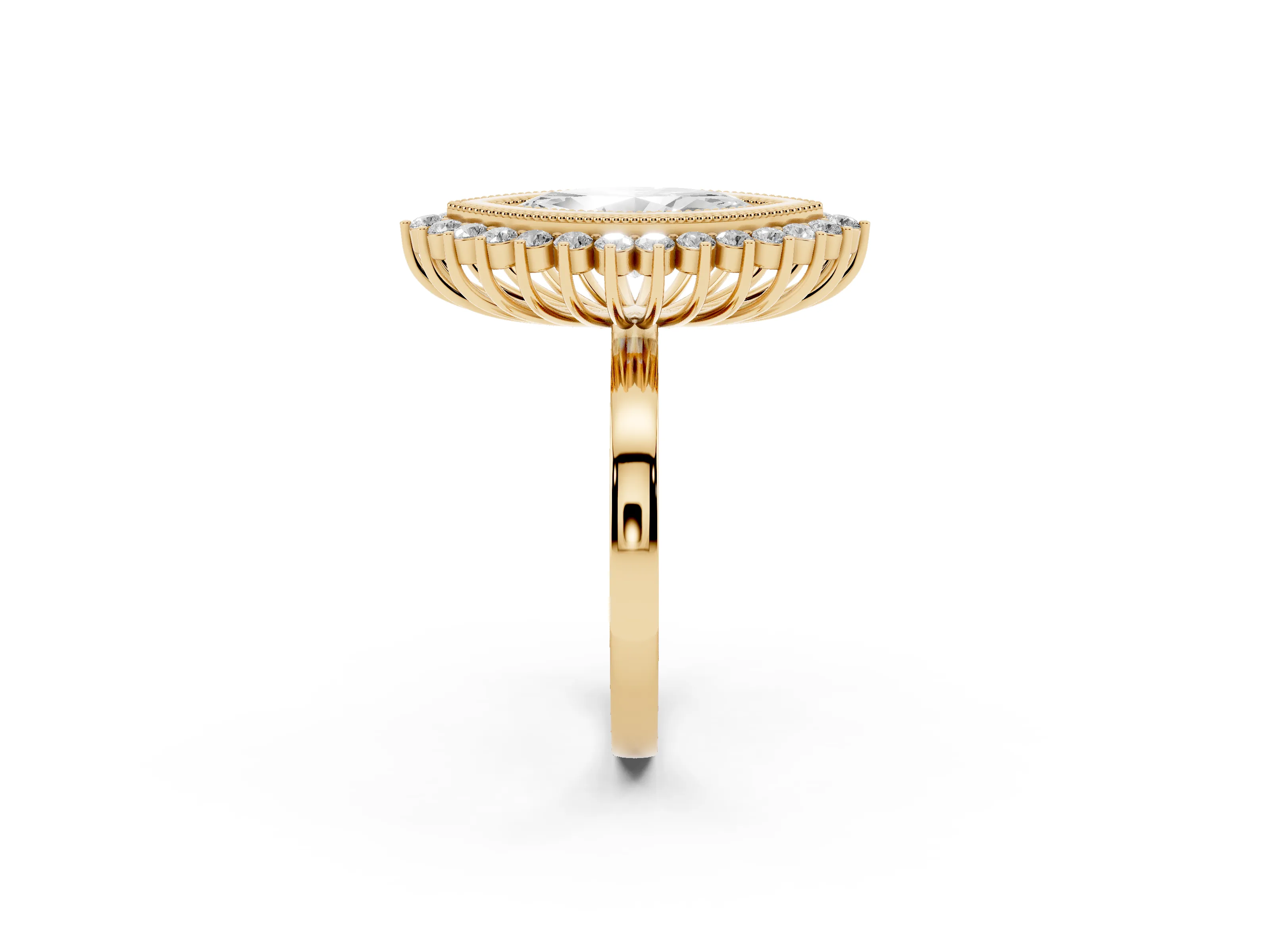 Marquise Cut Diamond Halo Ring Set in Yellow gold with Milgrain Edge and Round Prong Setting