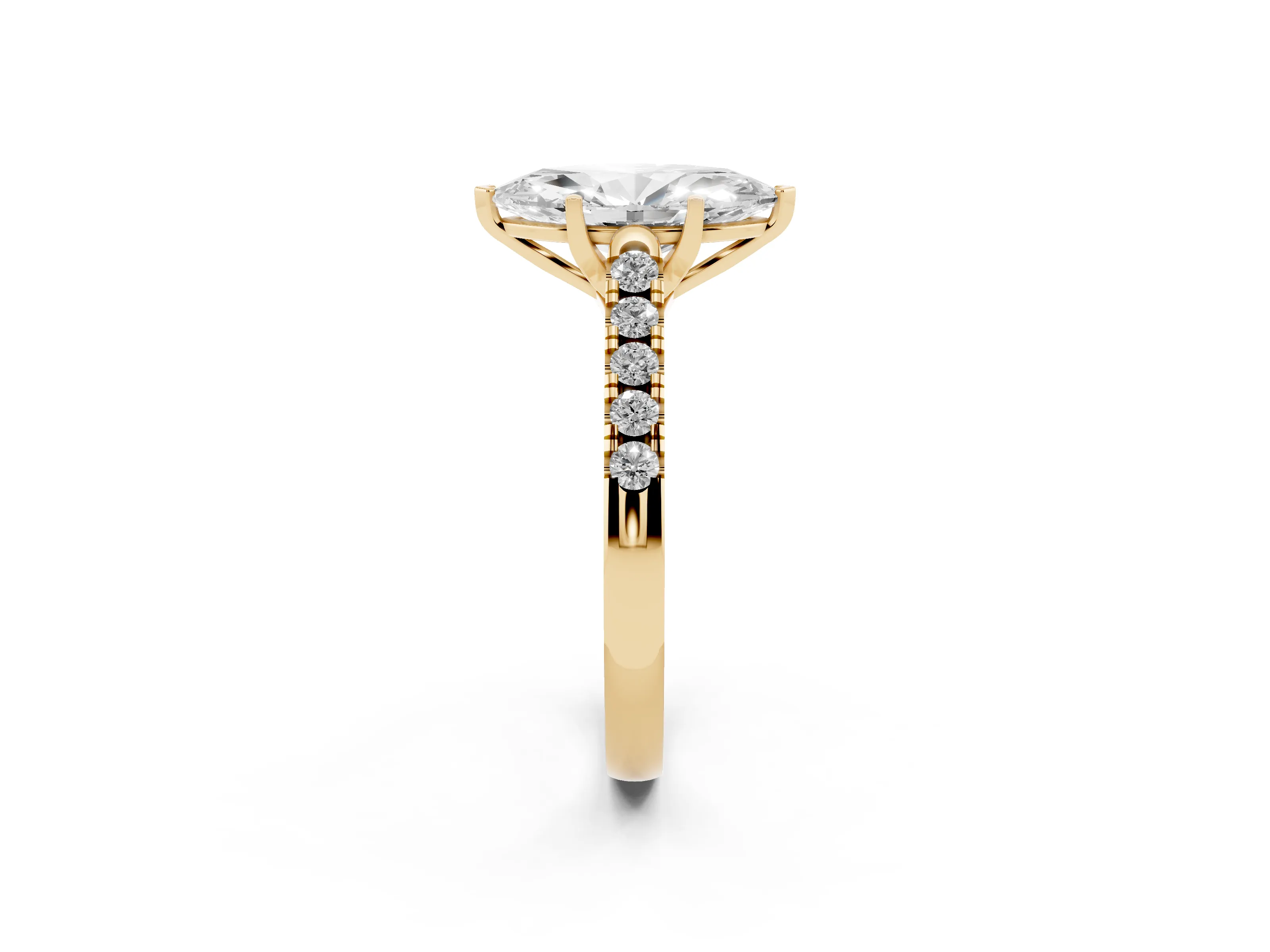 Marquise Cut Diamond Pavé Band Solitaire Ring Set in Yellow gold with Partway Accent Stones and Prong Setting