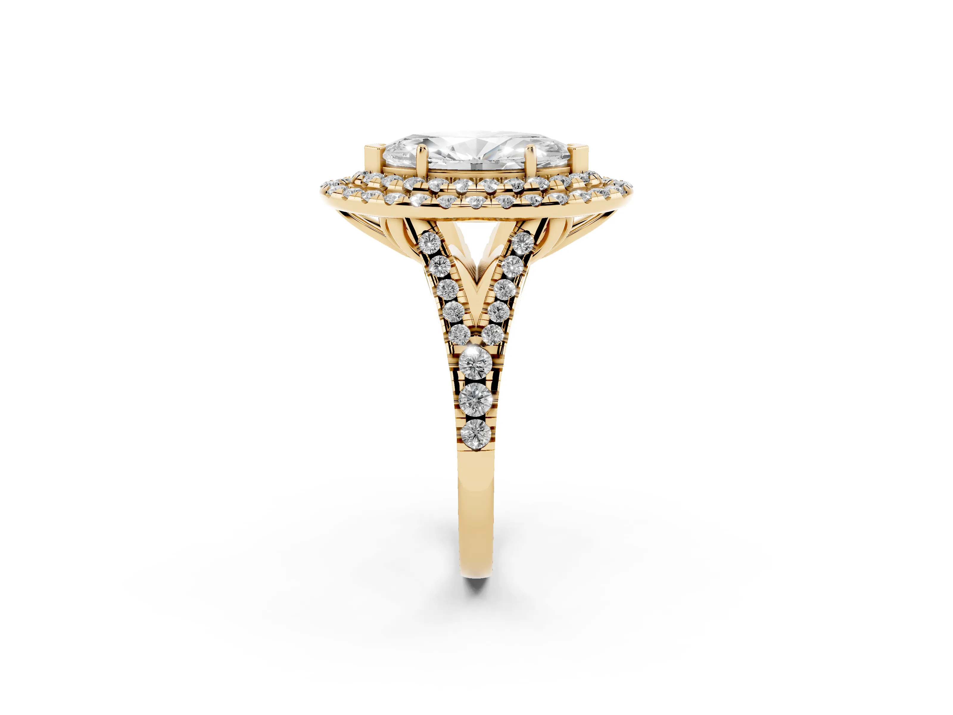 Marquise Cut Diamond Double Halo Ring Set in Yellow gold with Pavé Split Shank and Prong Setting