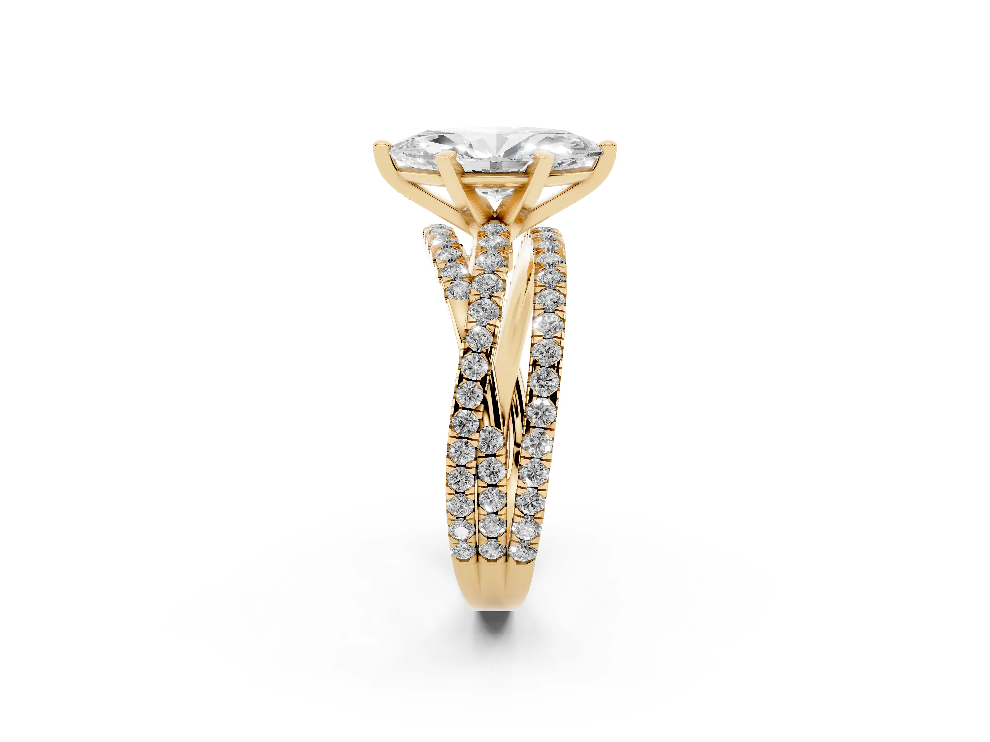 Marquise Cut Diamond Solitaire Twist Band Ring Set in Yellow gold with Pavé Setting and Prong Head