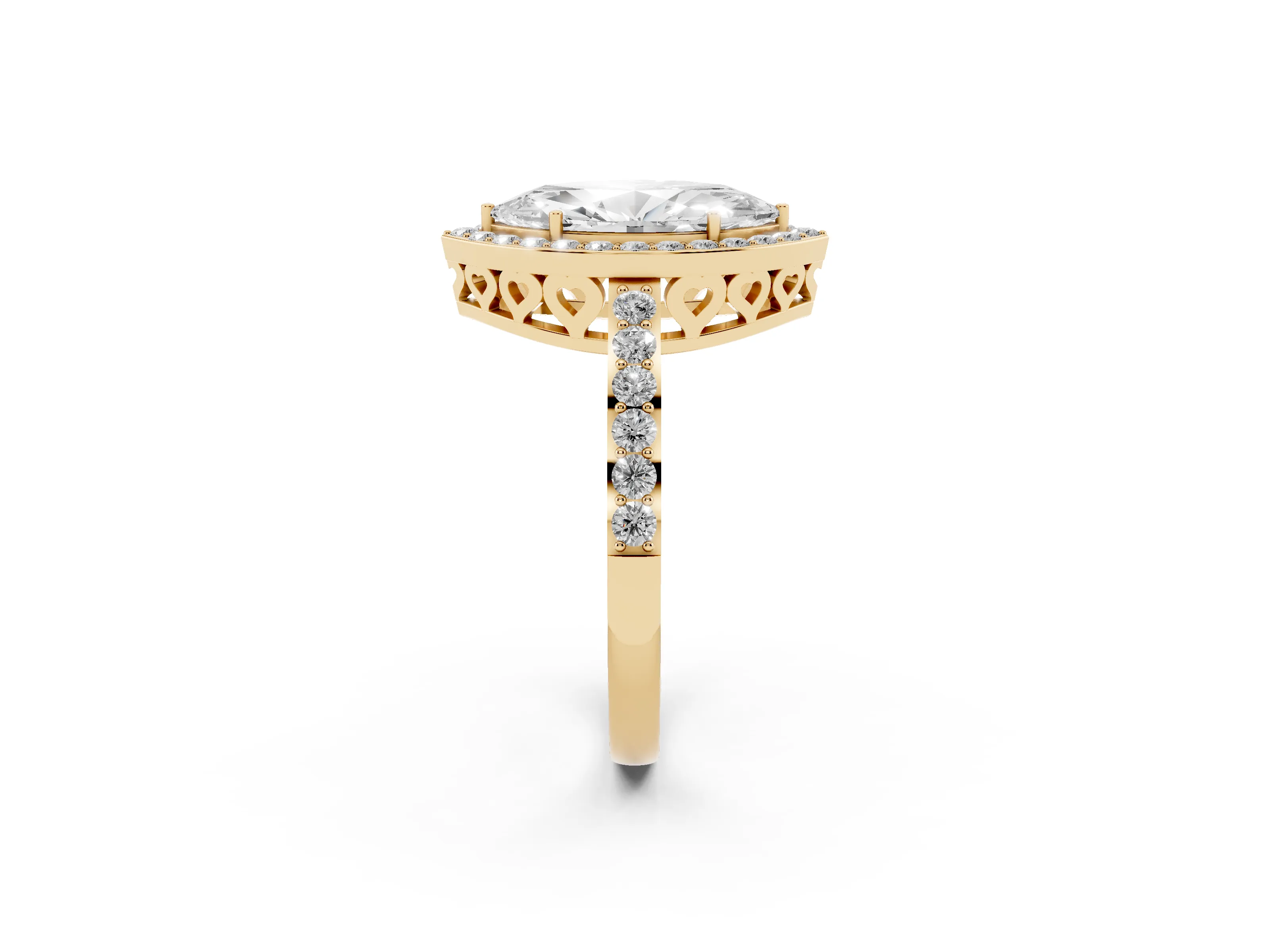 Marquise Cut Diamond Halo Ring Set in Yellow gold with Pavé-Setting Band and Open Prong Center