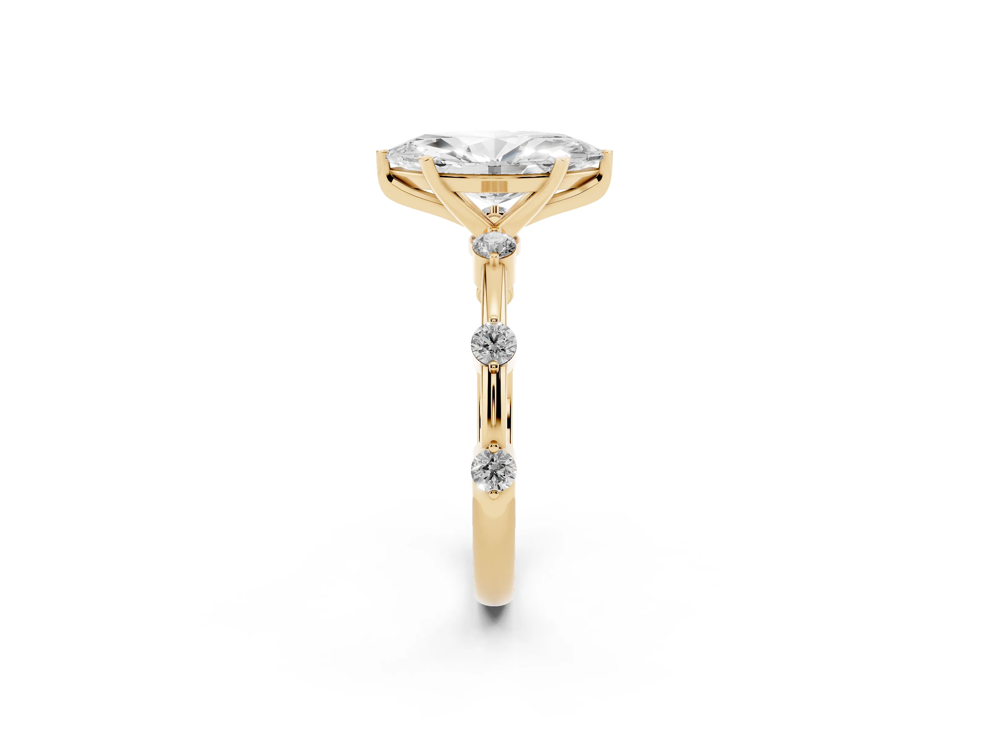 Marquise Cut Diamond Solitaire Ring Set in Yellow gold with Bezel Set Side Stones and Prong Setting