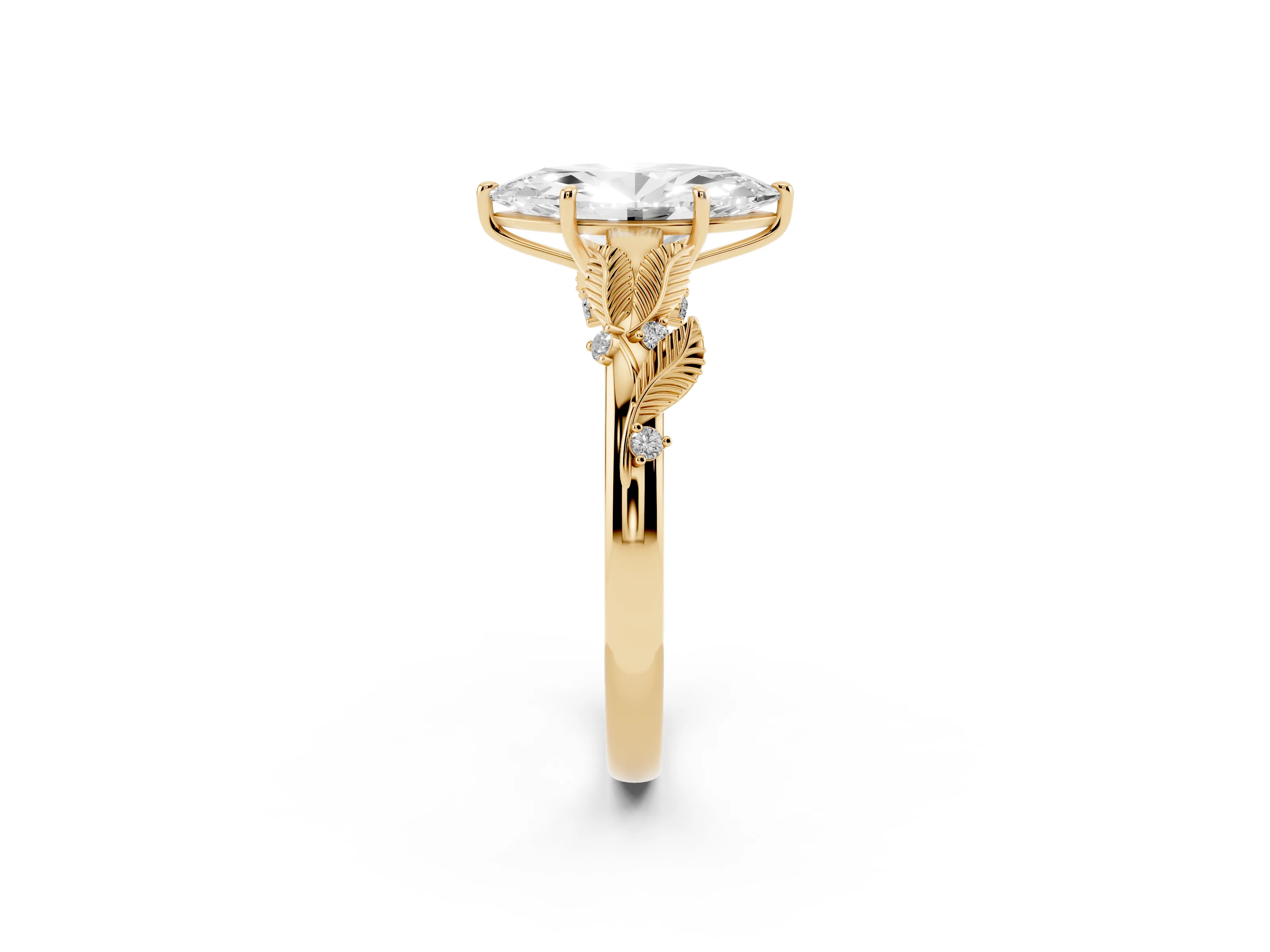 Marquise Cut Diamond Solitaire Ring Set in Yellow gold with Leaf Motif Band