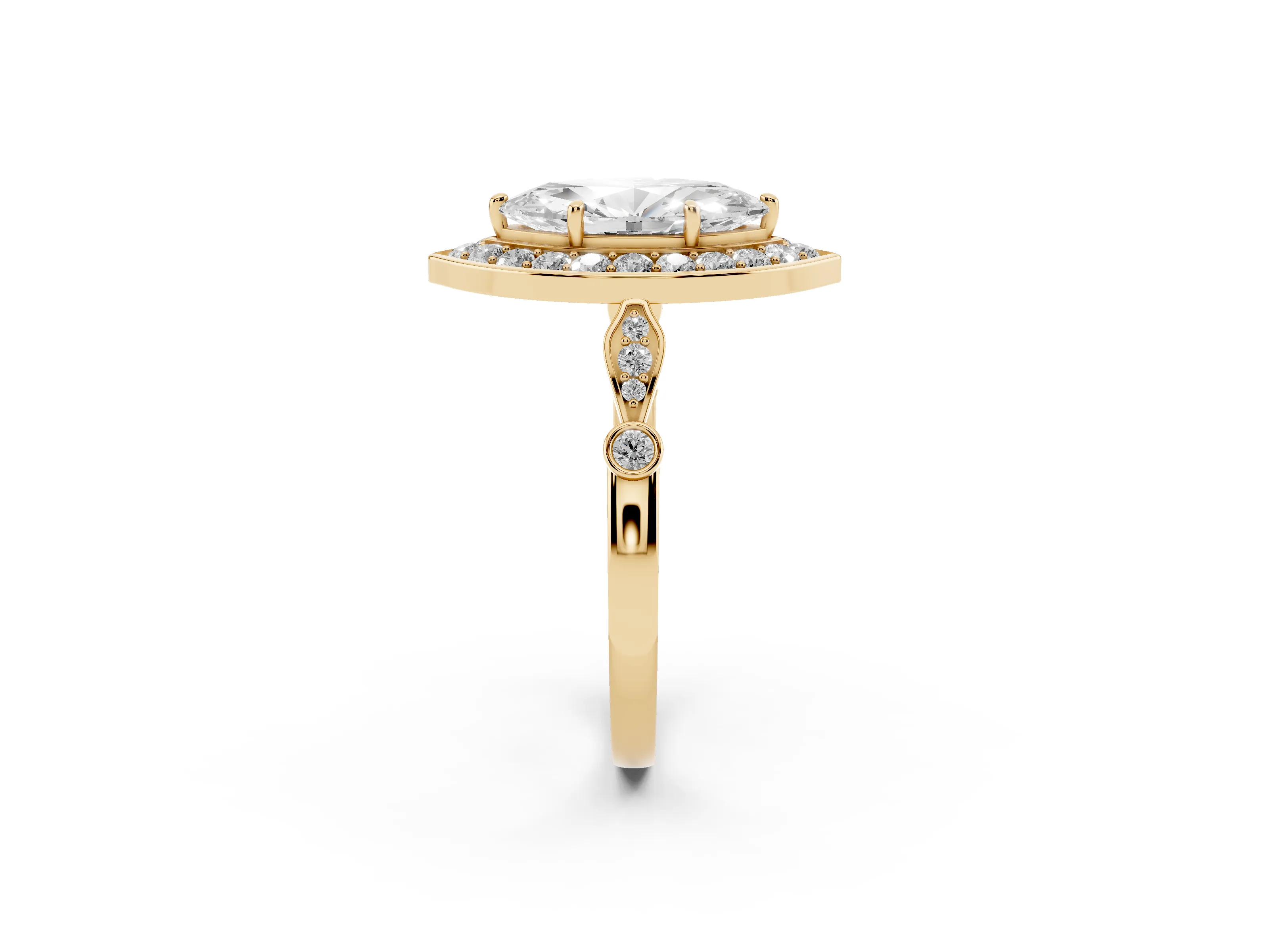 Marquise Cut Diamond Halo Engagement Ring Set in Yellow gold with Twisted Band and Prong Setting