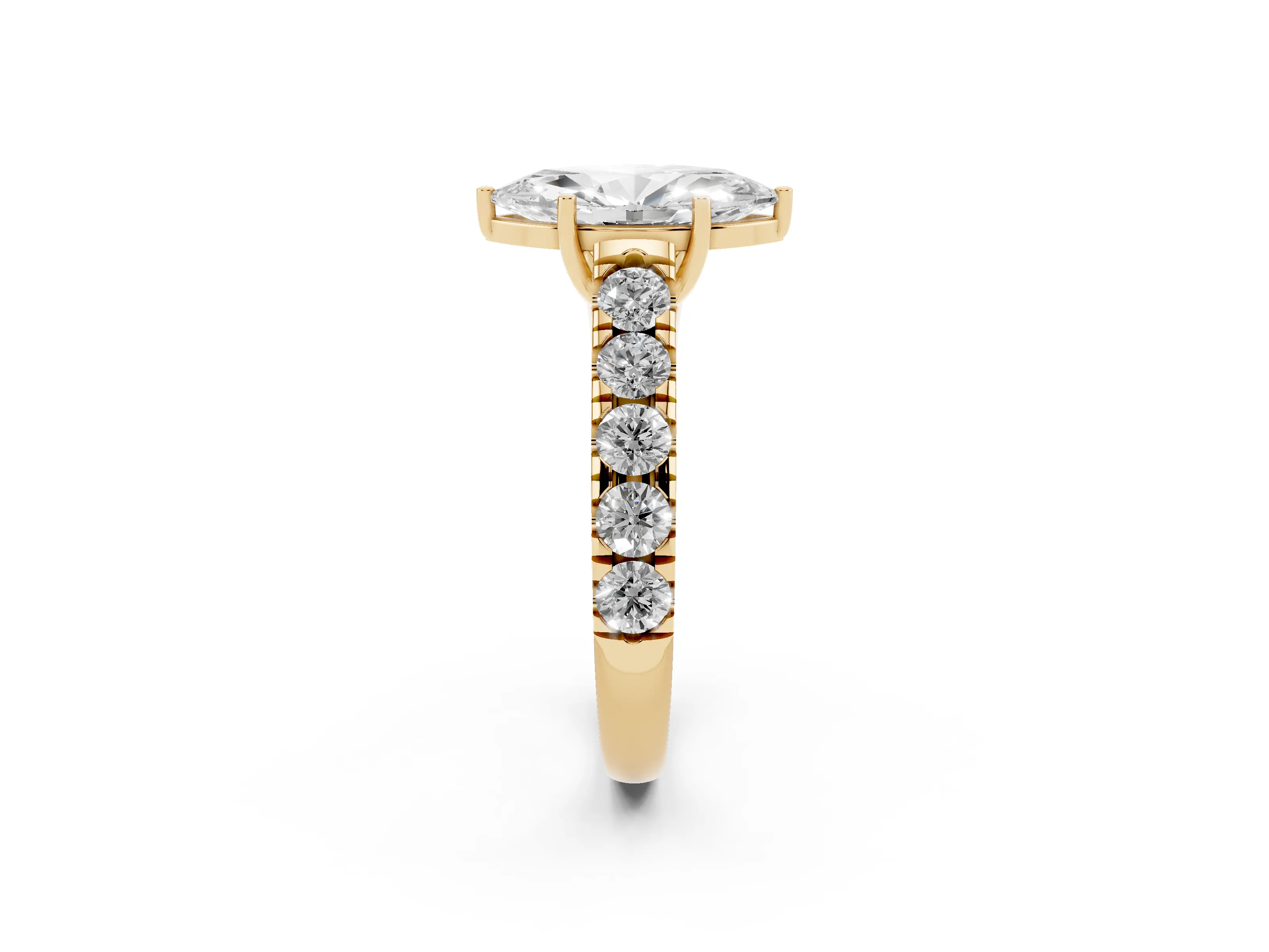 Marquise Cut Diamond Solitaire Ring Set in Yellow gold with Cut-Down Micro Pavé Band and Prong Setting