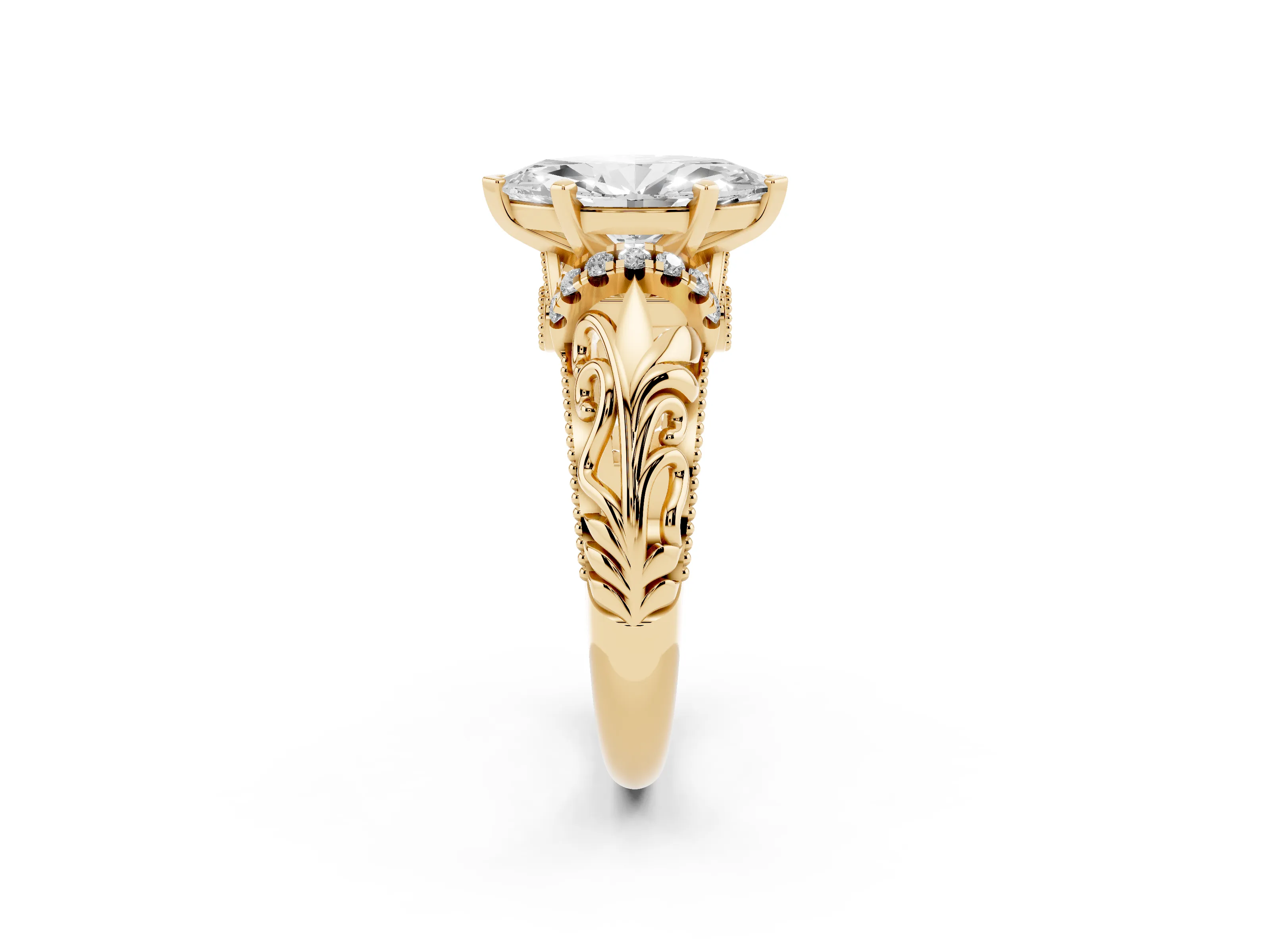 Marquise Cut Diamond Filigree Halo Engagement Ring Set in Yellow gold with Prong Setting