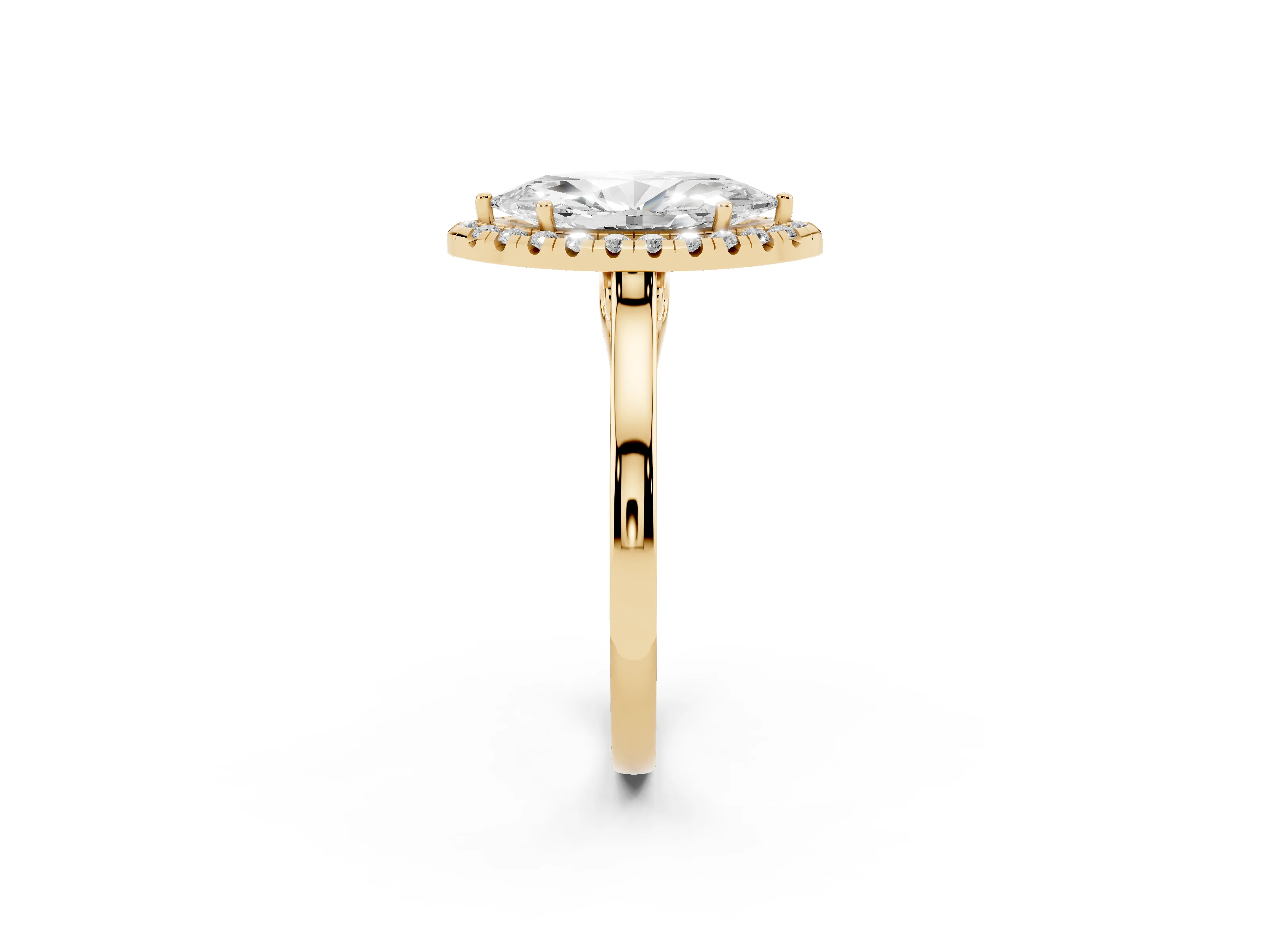 Marquise Cut Halo Round Diamond Solitaire Ring Set in Yellow gold with Pavé Band and Prong Setting