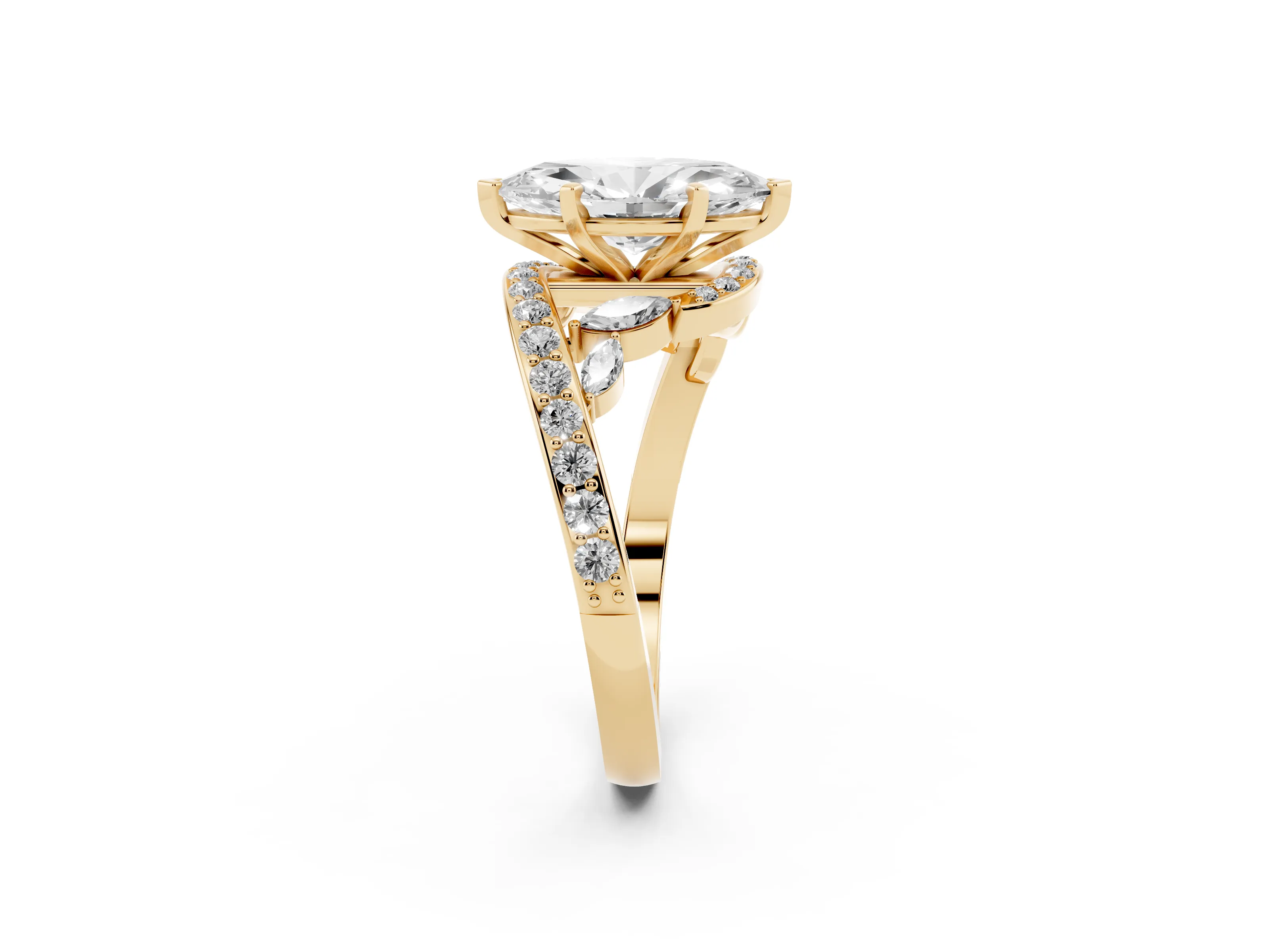 Marquise Cut Diamond Solitaire Ring Set in Yellow gold with Pavé Twist Band and Secure Prong Setting