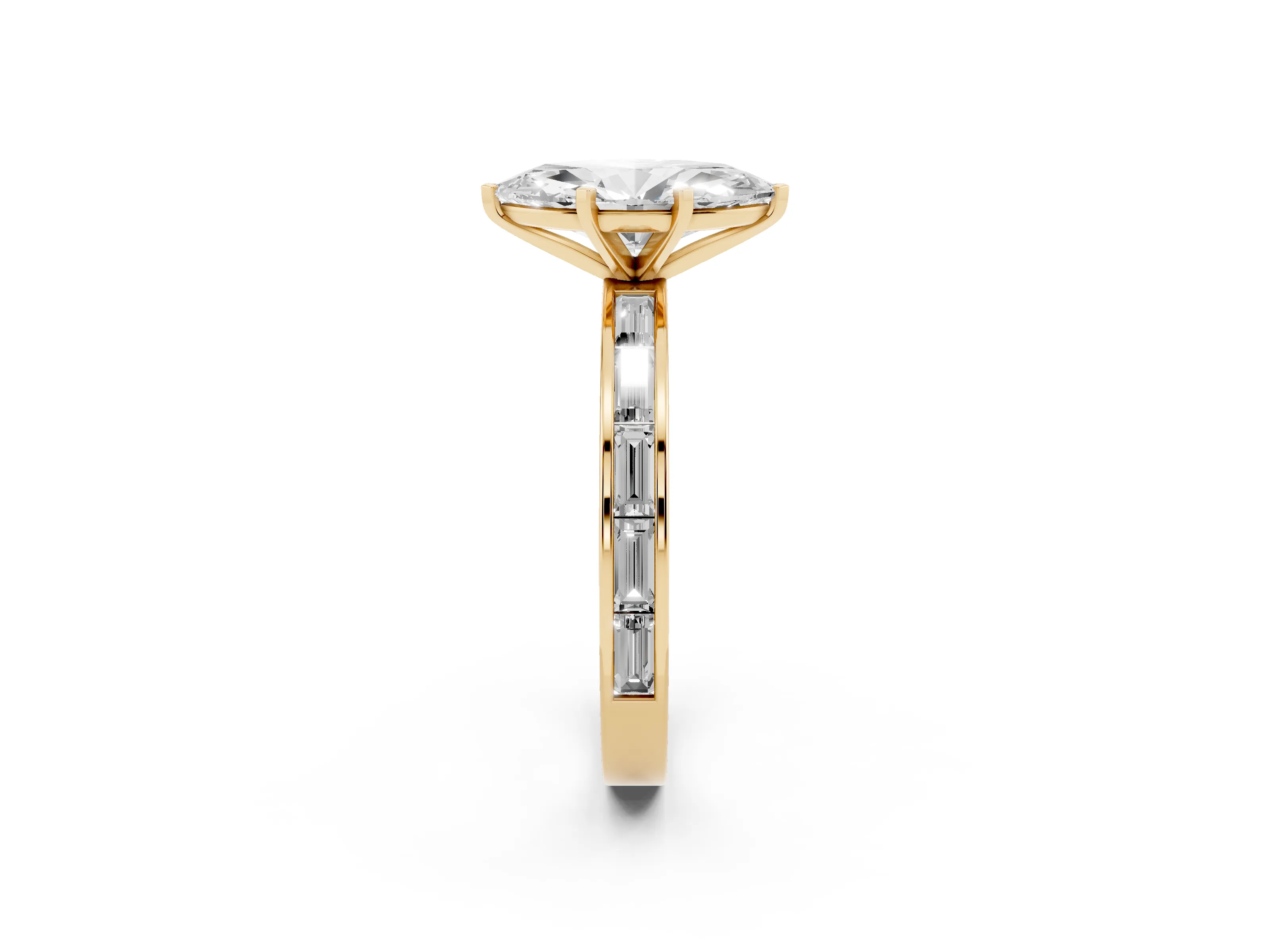 Marquise Cut Diamond Solitaire Ring Set in Yellow gold with Channel-Set Baguette Band and Prong Setting