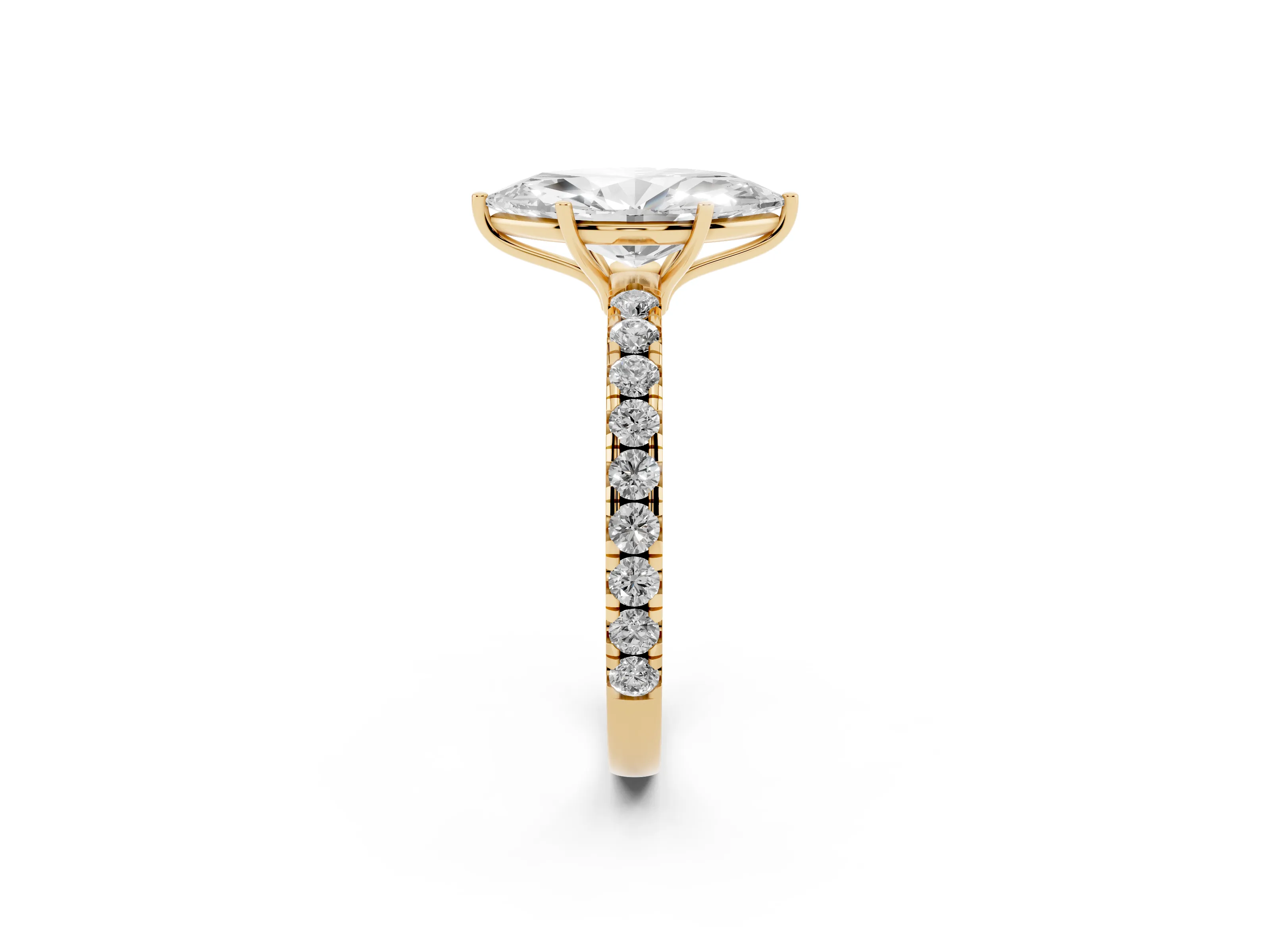 Marquise Cut Diamond Pavé Solitaire Engagement Ring Set in Yellow gold with Prong Setting