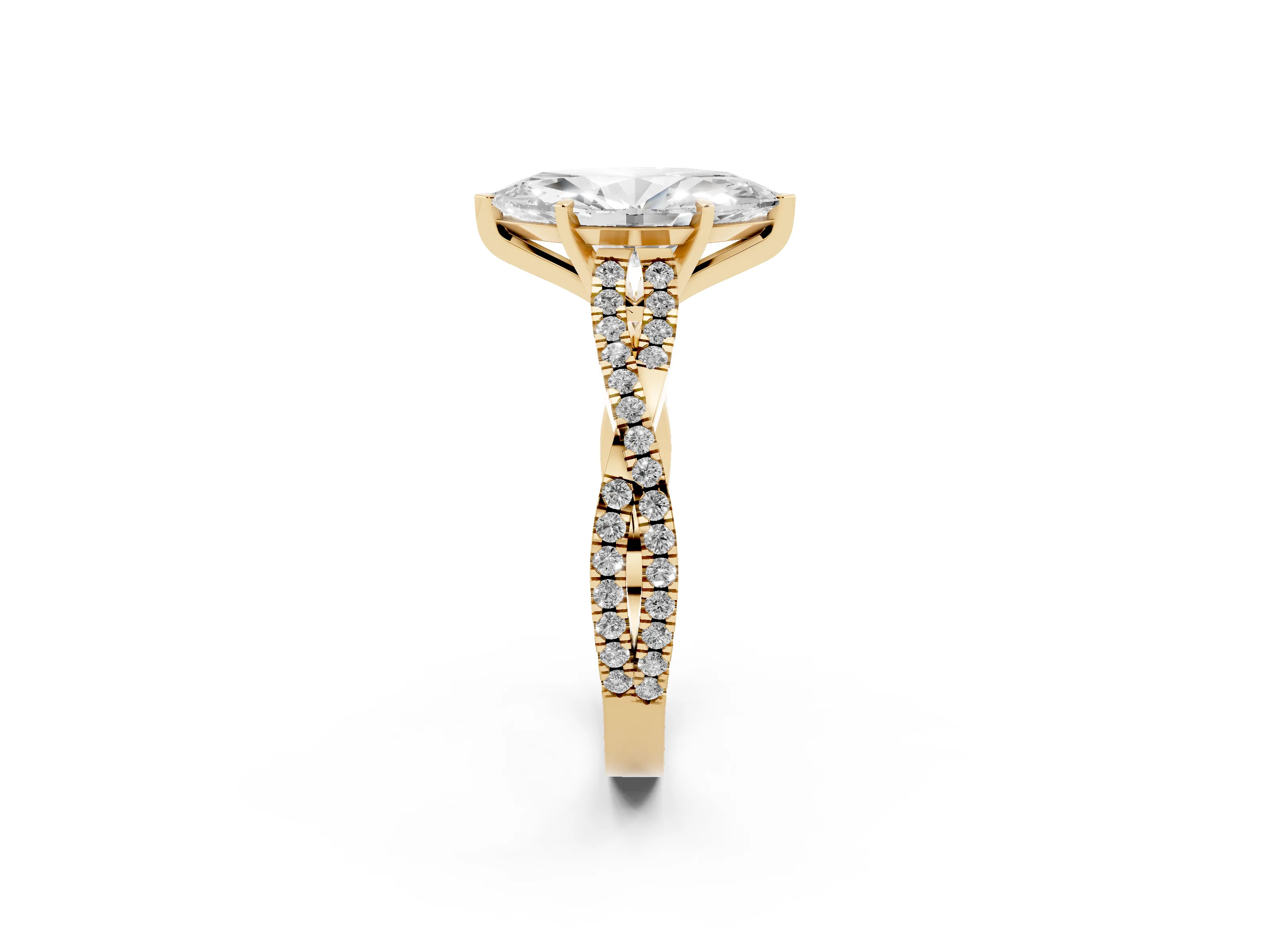Marquise Cut Diamond Solitaire Engagement Ring Set in Yellow gold with Twisted Pavé Band and Prong Setting
