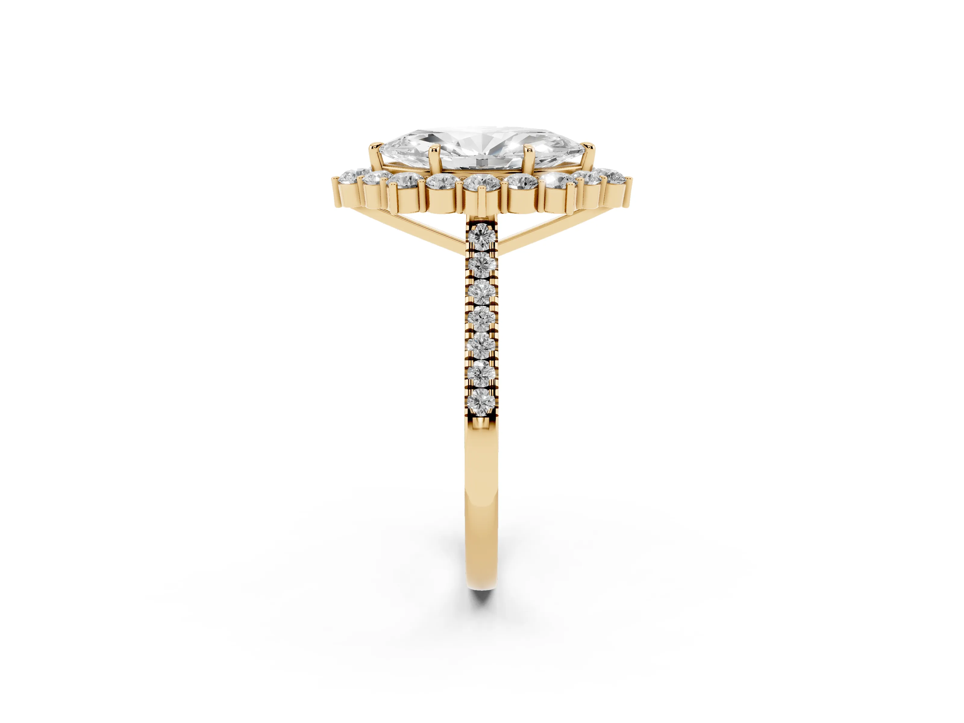 Marquise Cut Diamond Halo Ring Set in Yellow gold with Pavé Band and Prong Setting