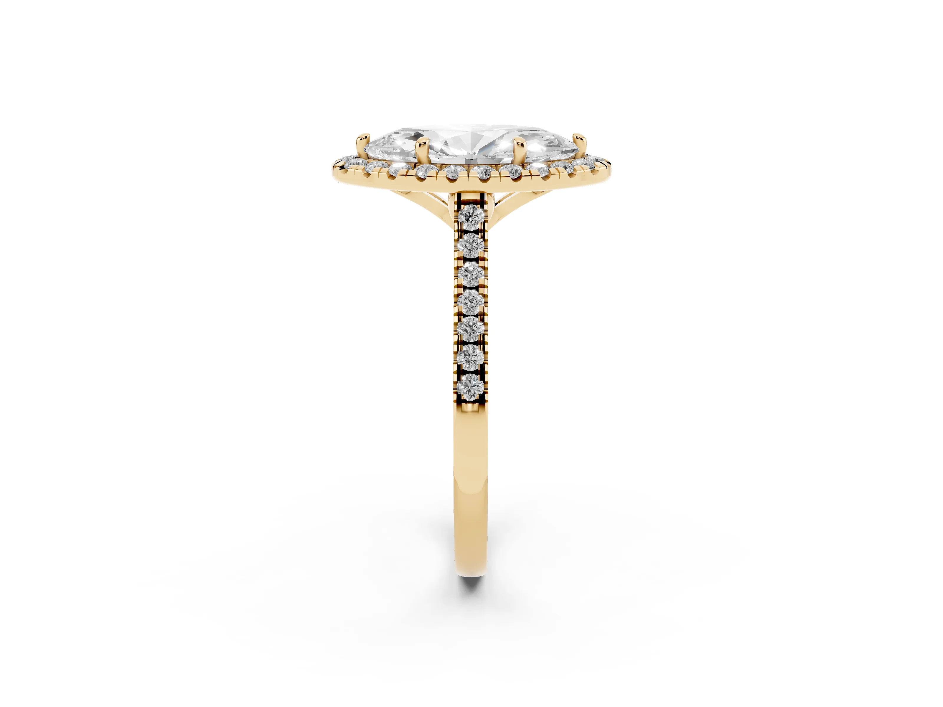 Marquise Cut Diamond Cushion Halo Ring Set in Yellow gold with Pavé Band