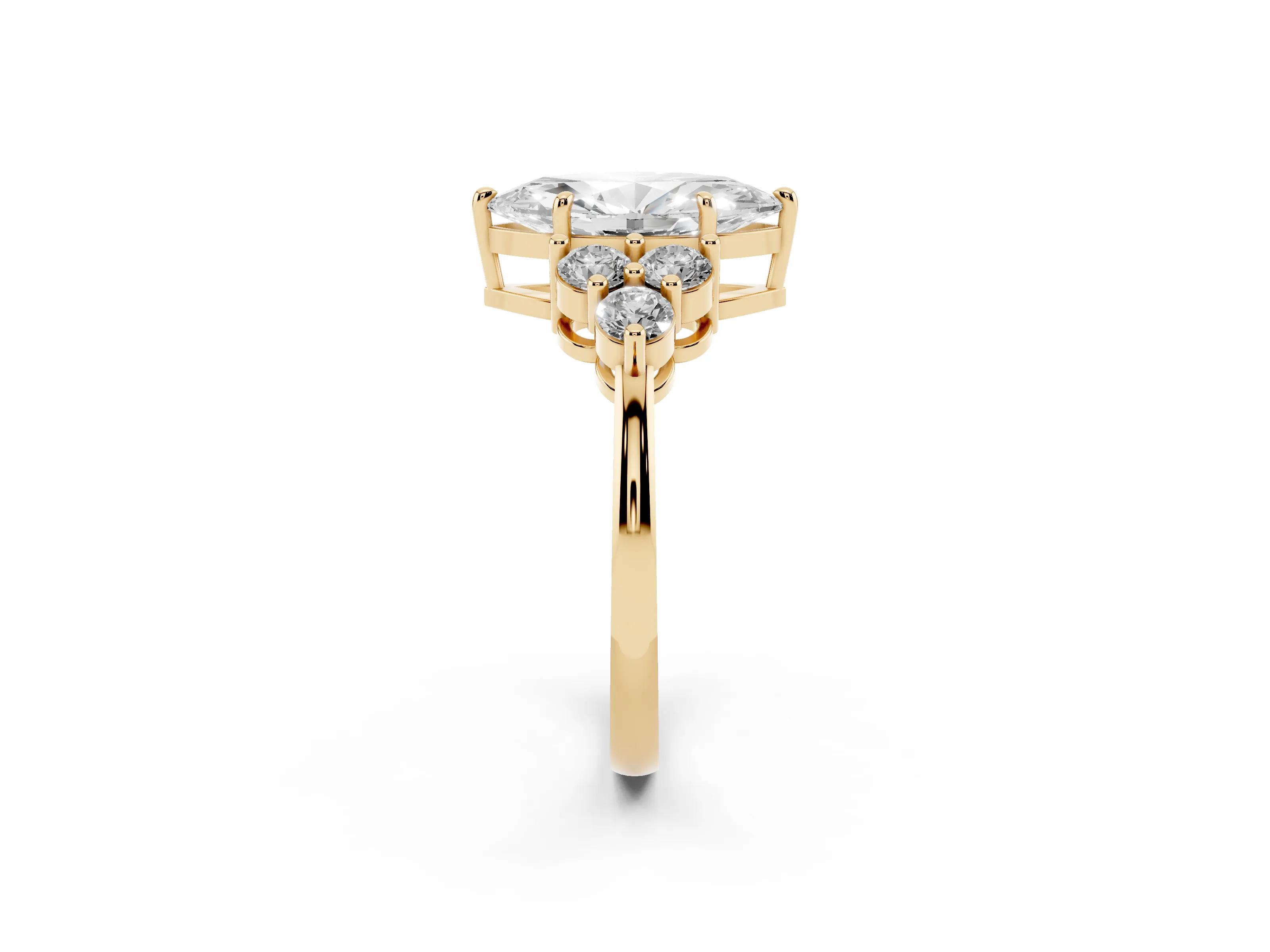 Marquise Cut Diamond Solitaire Ring Set in Yellow gold with Cluster Accents on Each Side